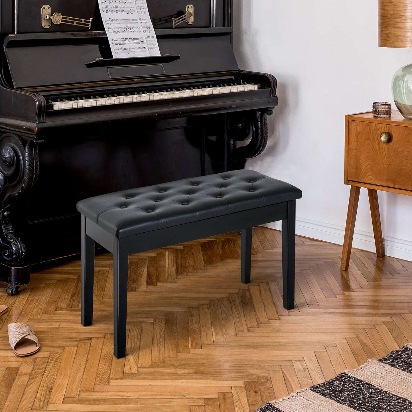 HOMCOM 30" Piano Bench with Padded Cushion and Storage, Faux Leather Keyboard Bench with Solid Wood Legs, Black