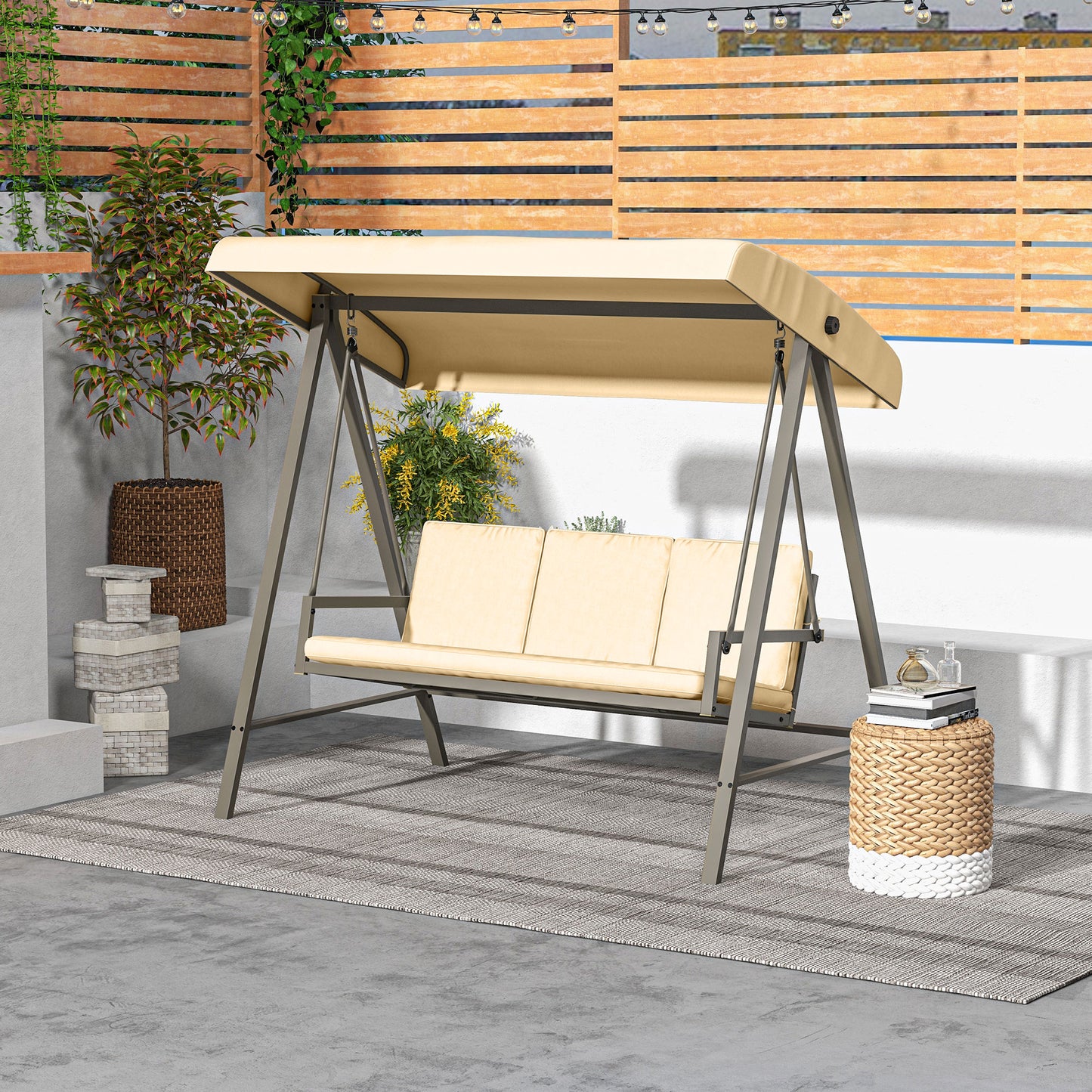 Outsunny 3 Seater Patio Swing Chair, Porch Swing with Adjustable Canopy and Removable Cushions, Outdoor Swing Seat, Beige