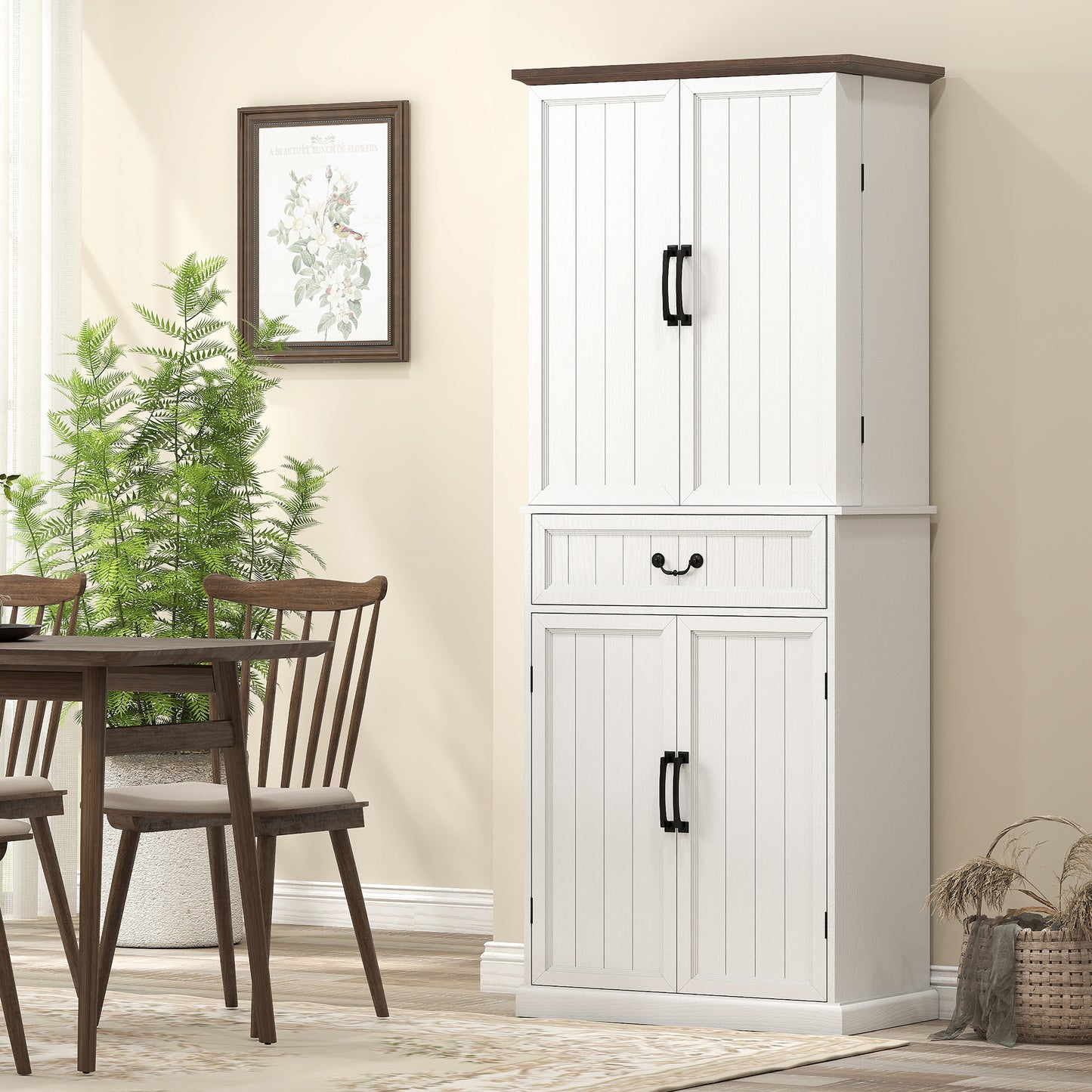 HOMCOM 71" LED Kitchen Pantry Cabinet, Farmhouse Storage Cabinet with Door Shelves, Distressed Brown