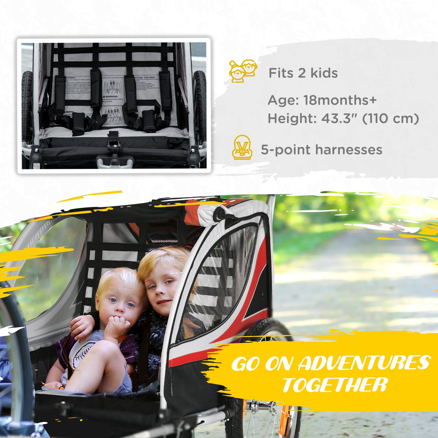 Aosom 2 Seat Bike Trailer for Kids 2-in-1 Double Baby Jogging Stroller with Handbrake, Rubber Wheels, 5 Point Harness, Waterproof Cover, Storage Bag, Reflectors, Yellow