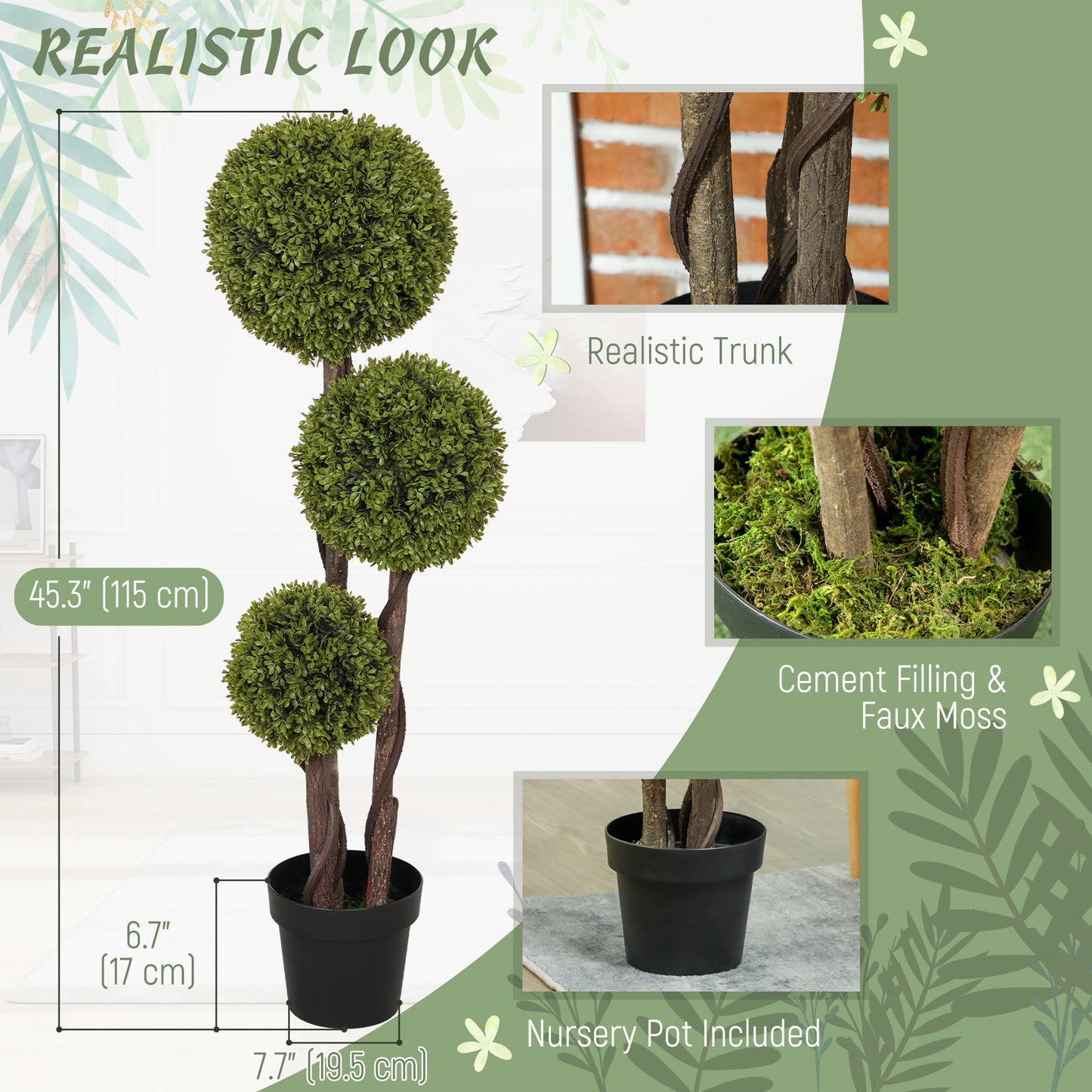 HOMCOM 3FT Potted Fake Plant, Artificial Boxwood Topiary Tree, Triple Ball Tree for Indoor and Outdoor, Green