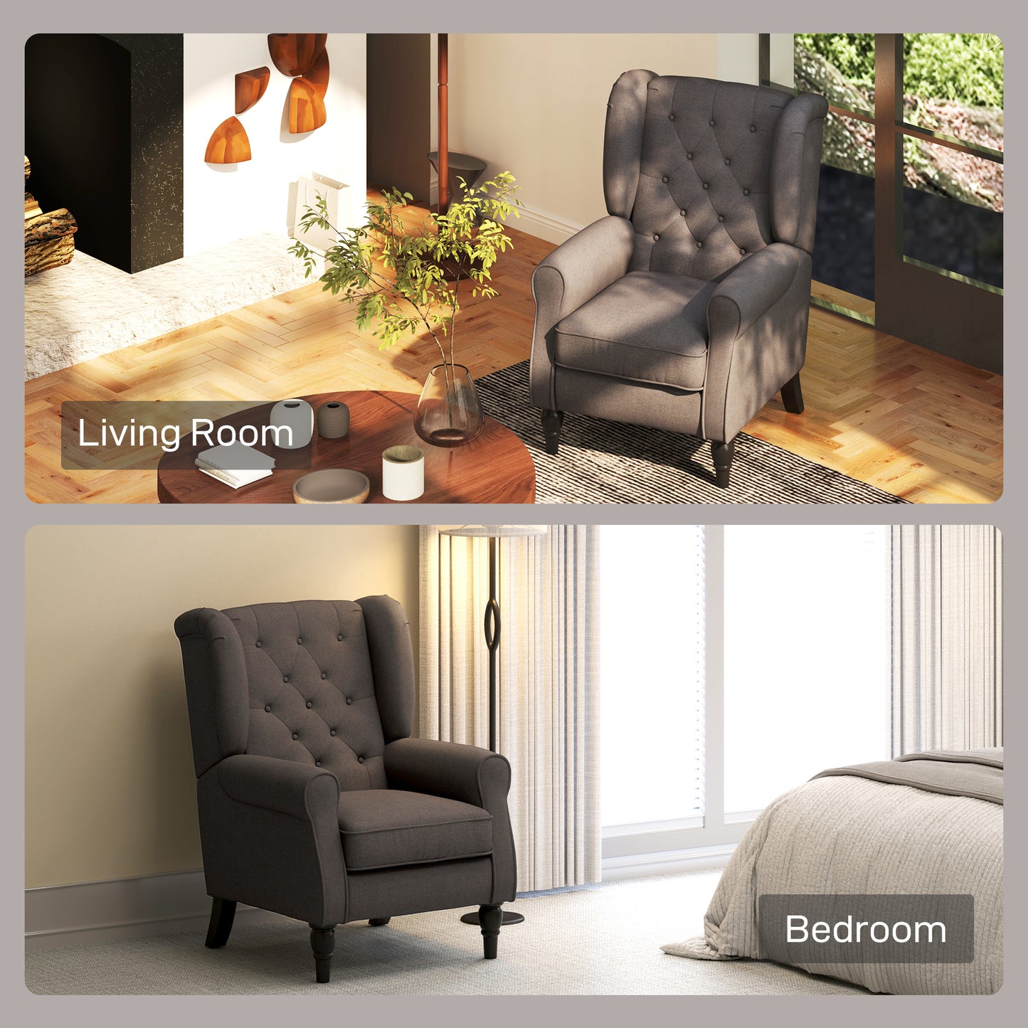 HOMCOM Fabric Accent Chair, Button Tufted Armchair, Upholstered Modern Living Room Chair, Wingback Chair with Wood Legs, Rolled Arms, Thick Padding for Bedroom, White