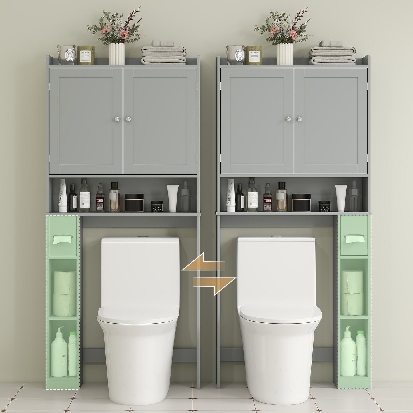 HOMCOM Modern Over the Toilet Storage Cabinet with 2 Doors, Above Commode Storage Cabinet with Toilet Paper Holder, Grey