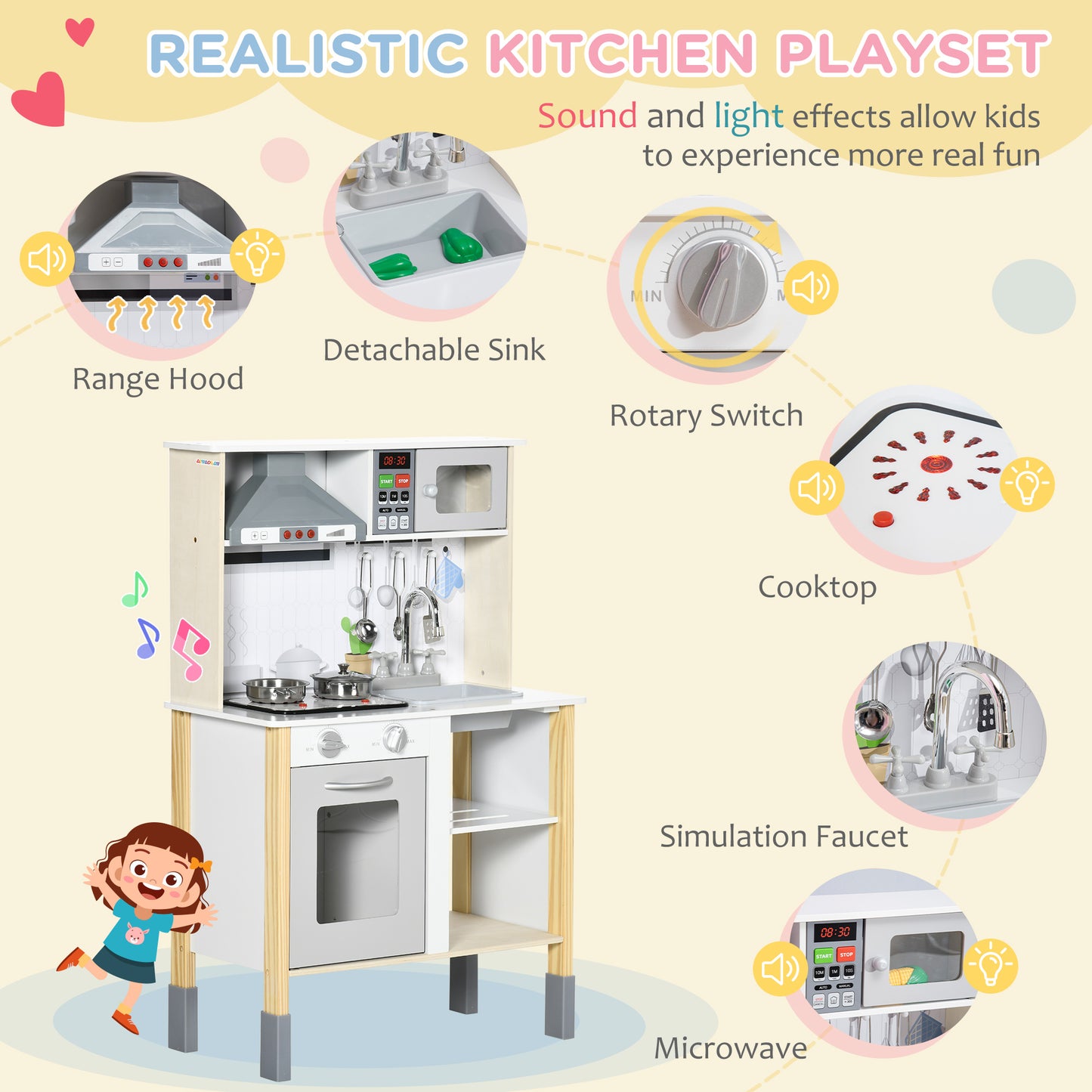 Qaba Wooden Play Kitchen with Realistic Lights Sounds, Microwave, Range Hood, Cooking Accessories, Adjustable Height, White