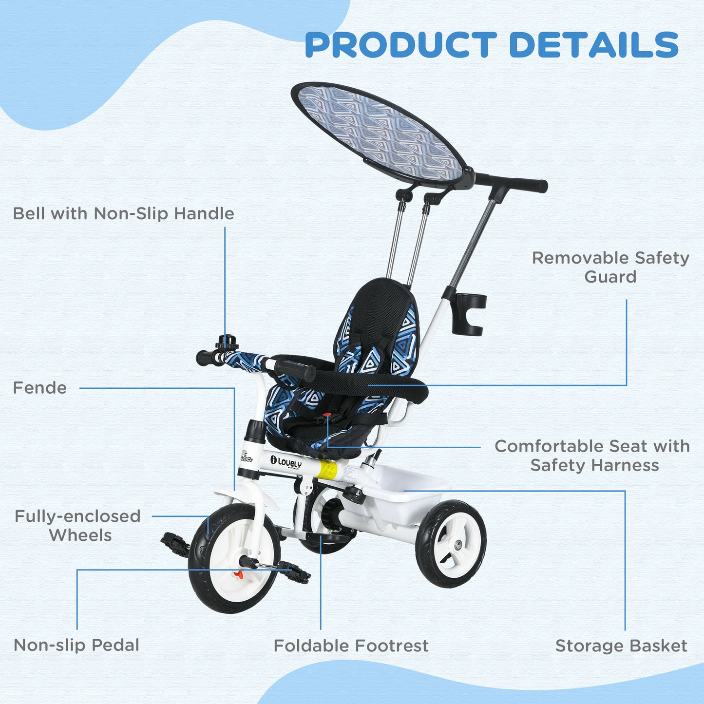 Qaba 6 in 1 Kids Tricycle with Removable Handlebar and Canopy, Navy Blue