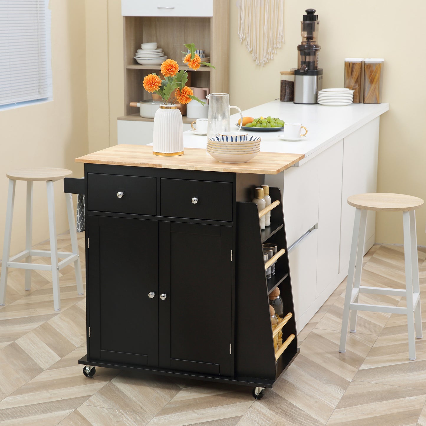HOMCOM Rolling Kitchen Island Trolley Storage Cart with Rubber Wood Top, 3-Tier Spice Rack, Towel Rack Home Kitchen Carts, White