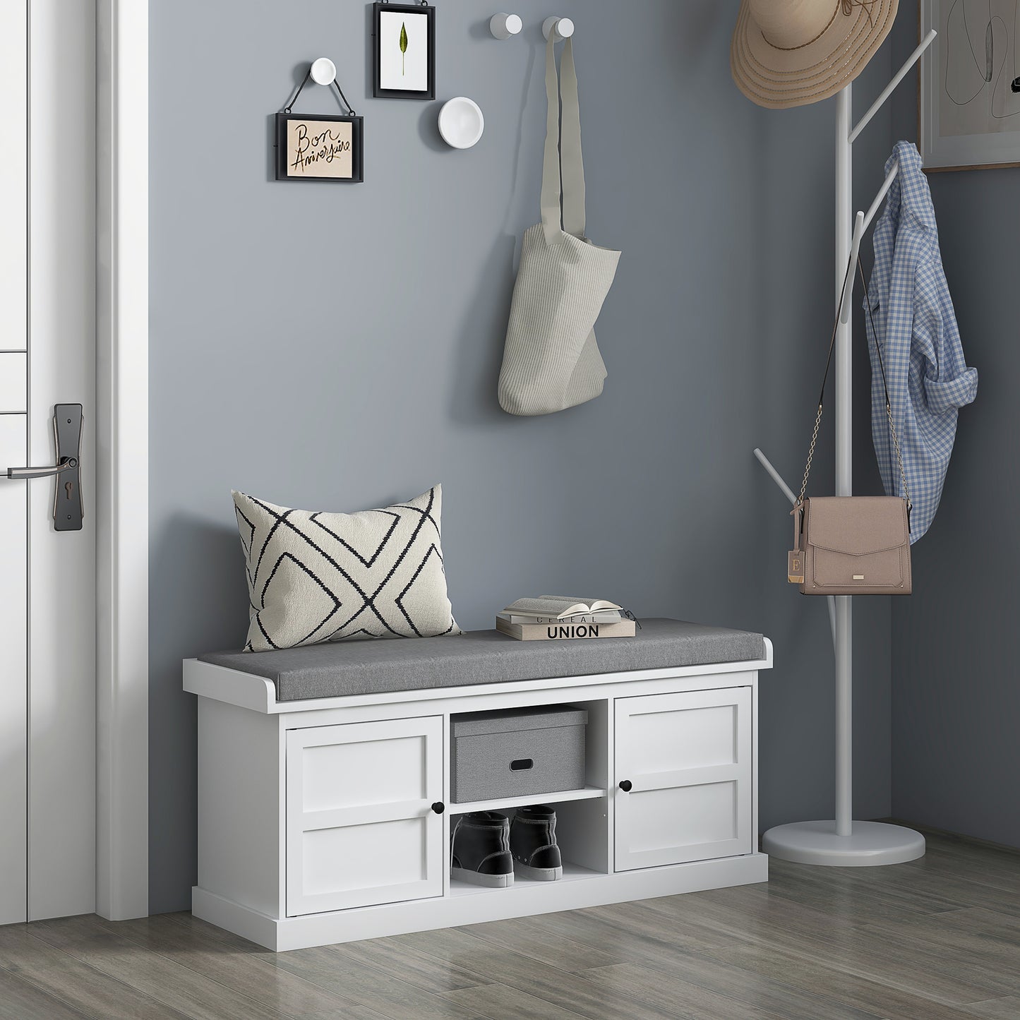 HOMCOM Shoe Storage Bench with Cushioned Seat, Entryway Bench Seat with 2 Cabinets and Adjustable Shelf for Hallway, White