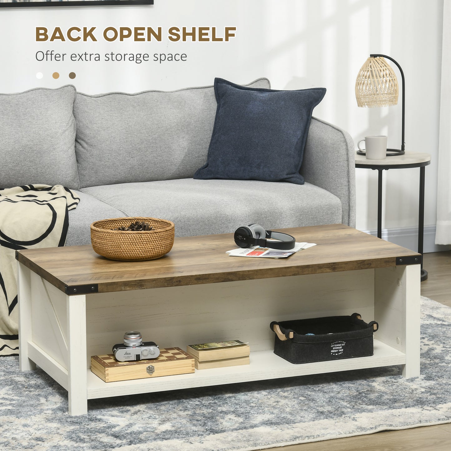 HOMCOM Industrial Coffee Table Side End Table with Drawer, Open Storage Shelf, Modern Farmhouse Furniture, for Living Room, Dining Room, Office, White Oak