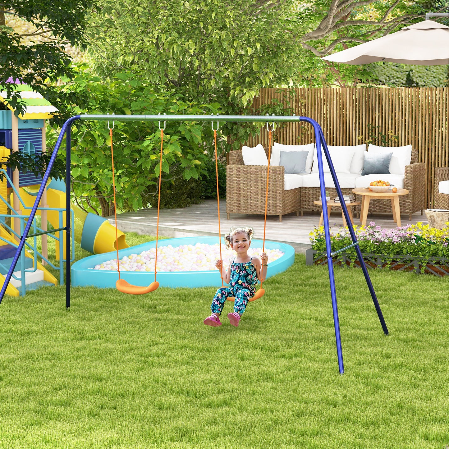 Outsunny Kids Swing Set Outdoor Metal Swing Frame with Double Swing Seats for 1-2 Children Aged 3-8 Years Old