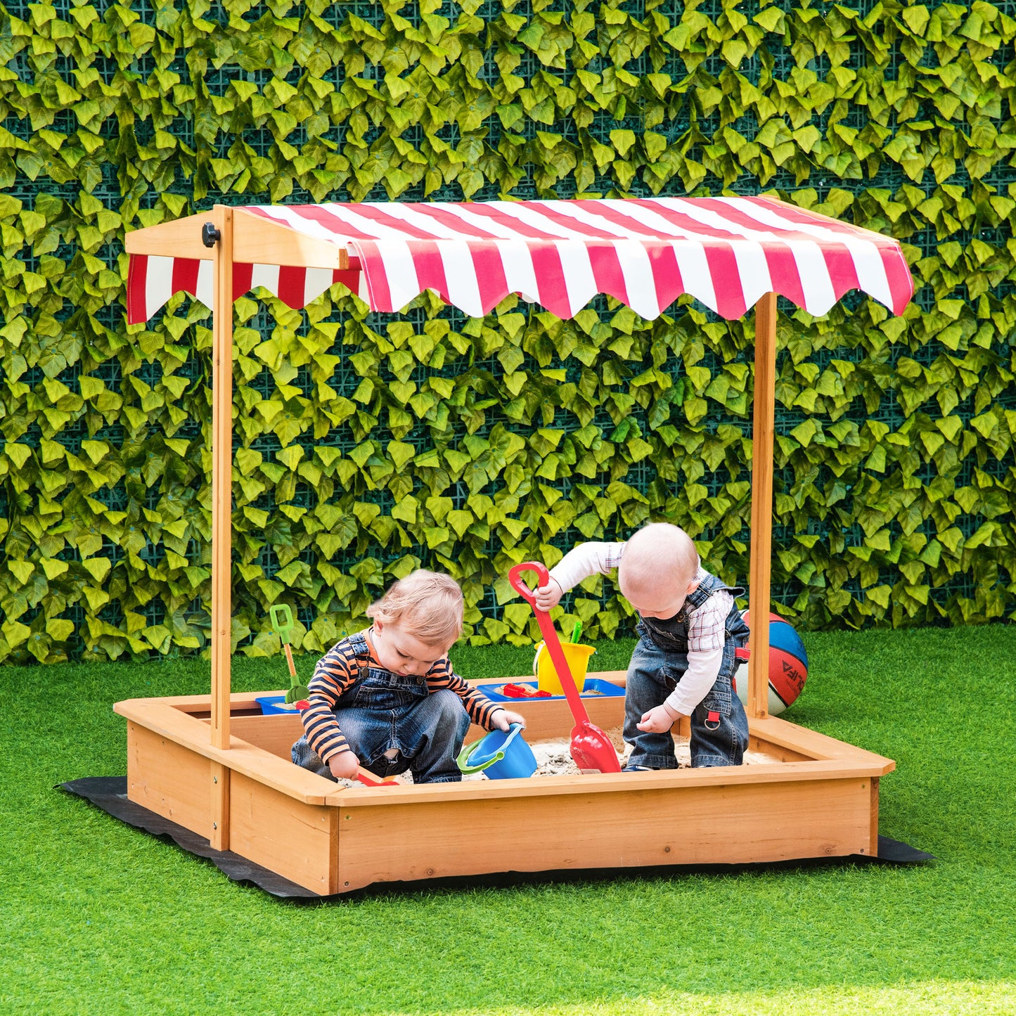 Outsunny Kids Wooden Sandbox, Children Play Sand Station Outdoor with Adjustable Height Cover Lid, Bottom Liner, Seat, Plastic Basins, for 3-7 Years Old Boys and Girls