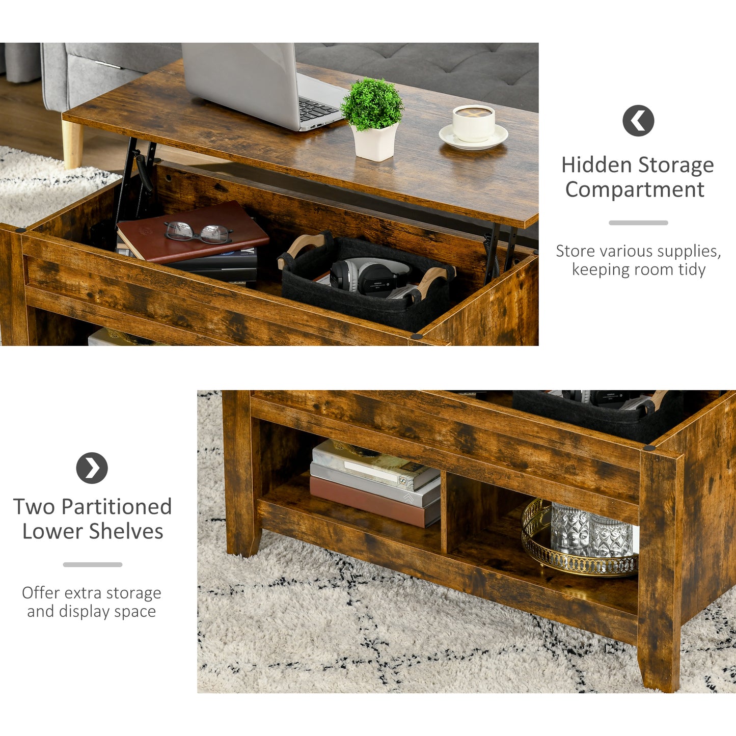 HOMCOM Lift Top Coffee Table with Hidden Storage Compartment and Open Shelves, Lift Tabletop Pop-Up Center Table for Living Room, White