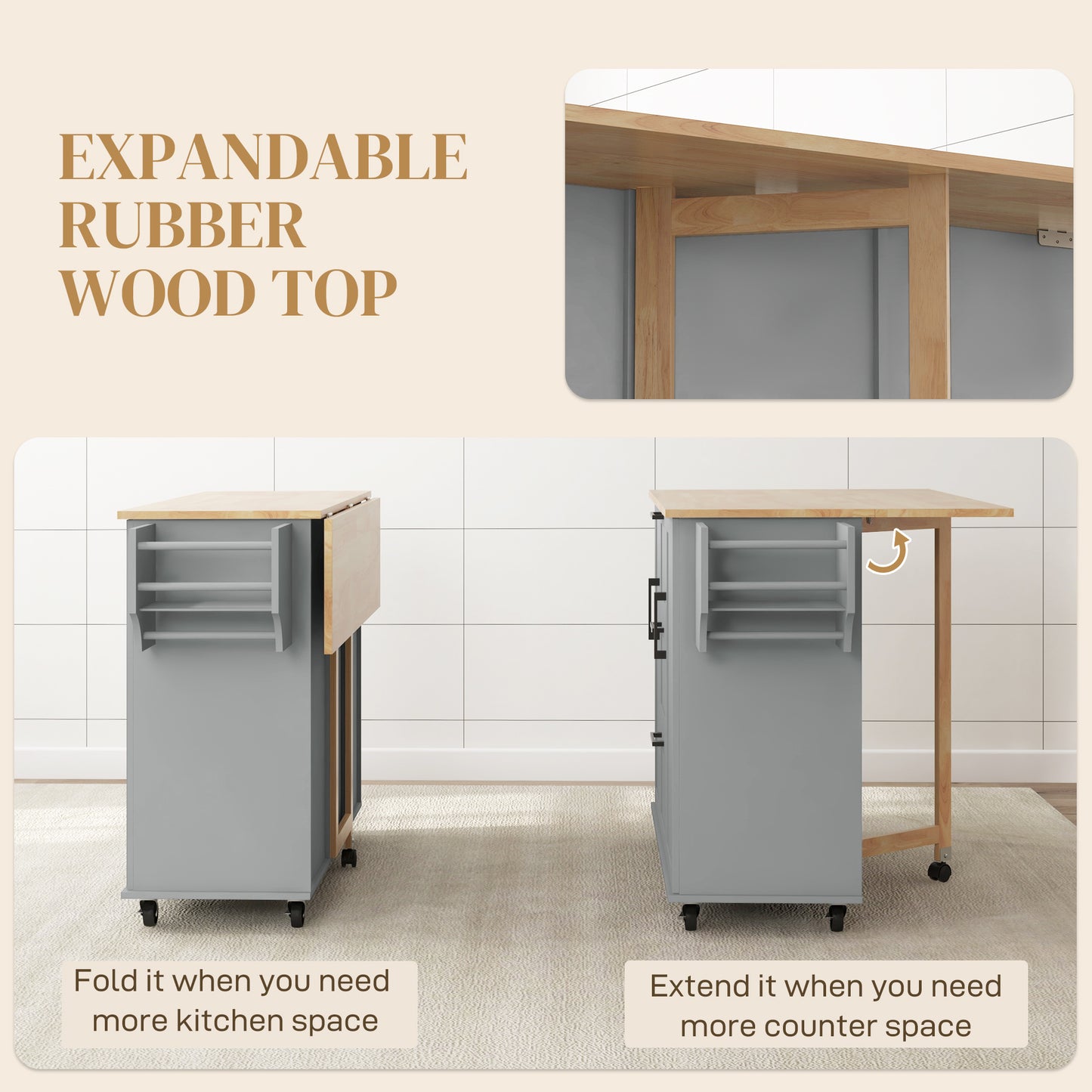 HOMCOM Rolling Kitchen Cart on Wheels with Drop Leaf, Kitchen Island with 3 Drawers, Solid Wood Top and Towel Rack, White