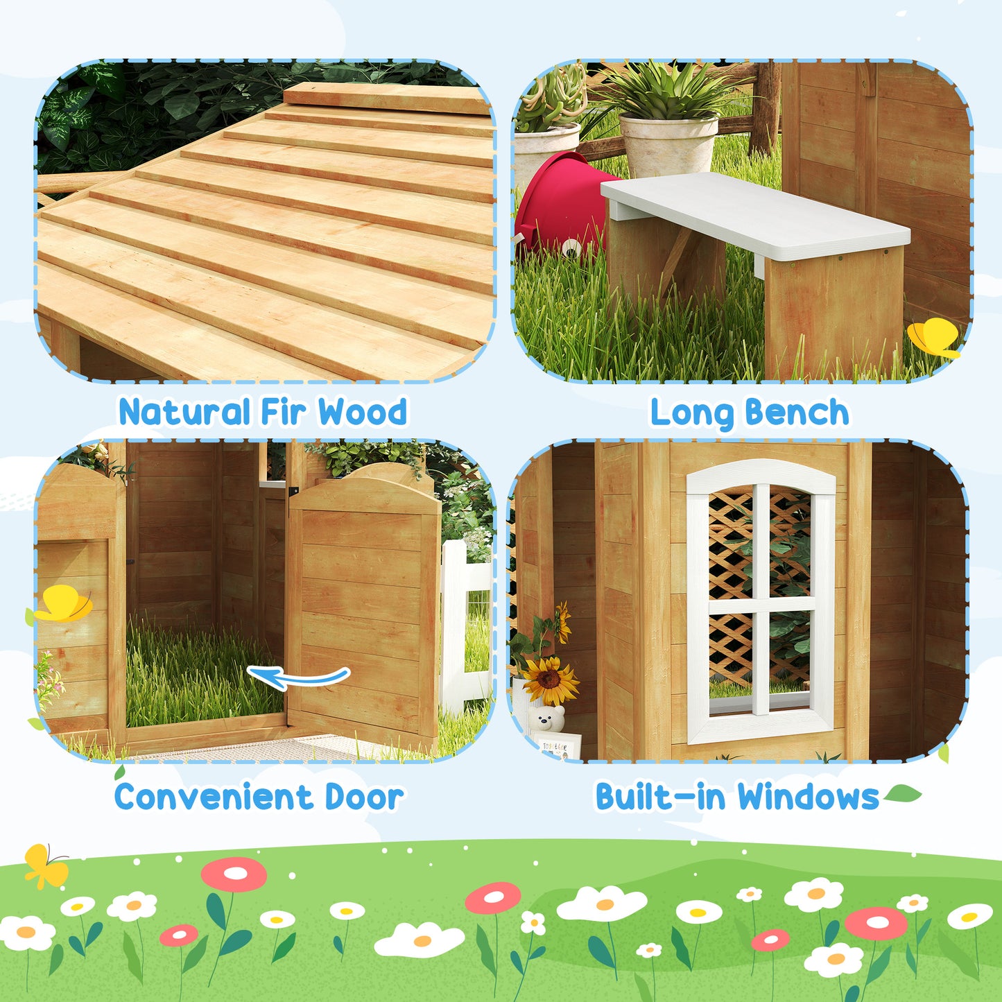 Outsunny Wooden Kids Playhouse with Door Windows Mailbox Flower Pot Holder Serving Station Bench Yellow
