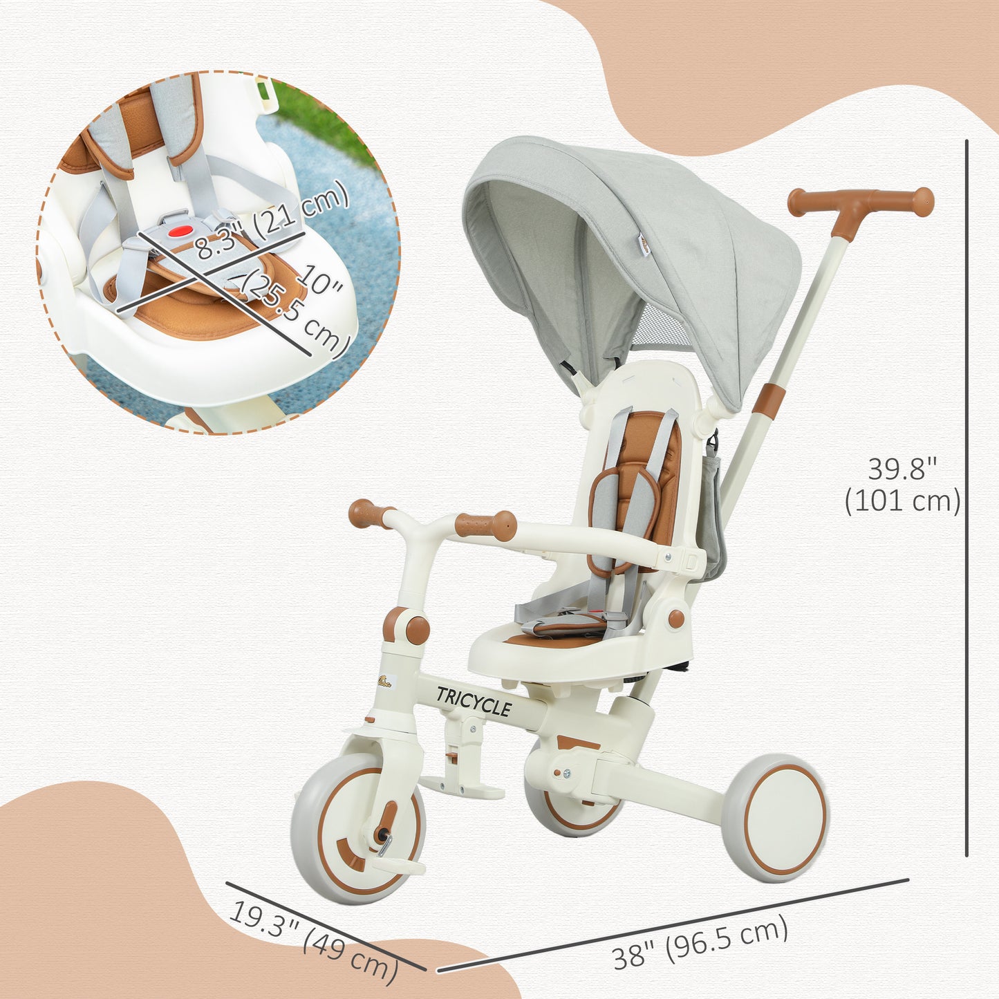 Qaba 7 in 1 Toddler Tricycle with Safety Harness, Adjustable & Removable Parent Handle, Canopy, Storage Bag, Brake, Pink
