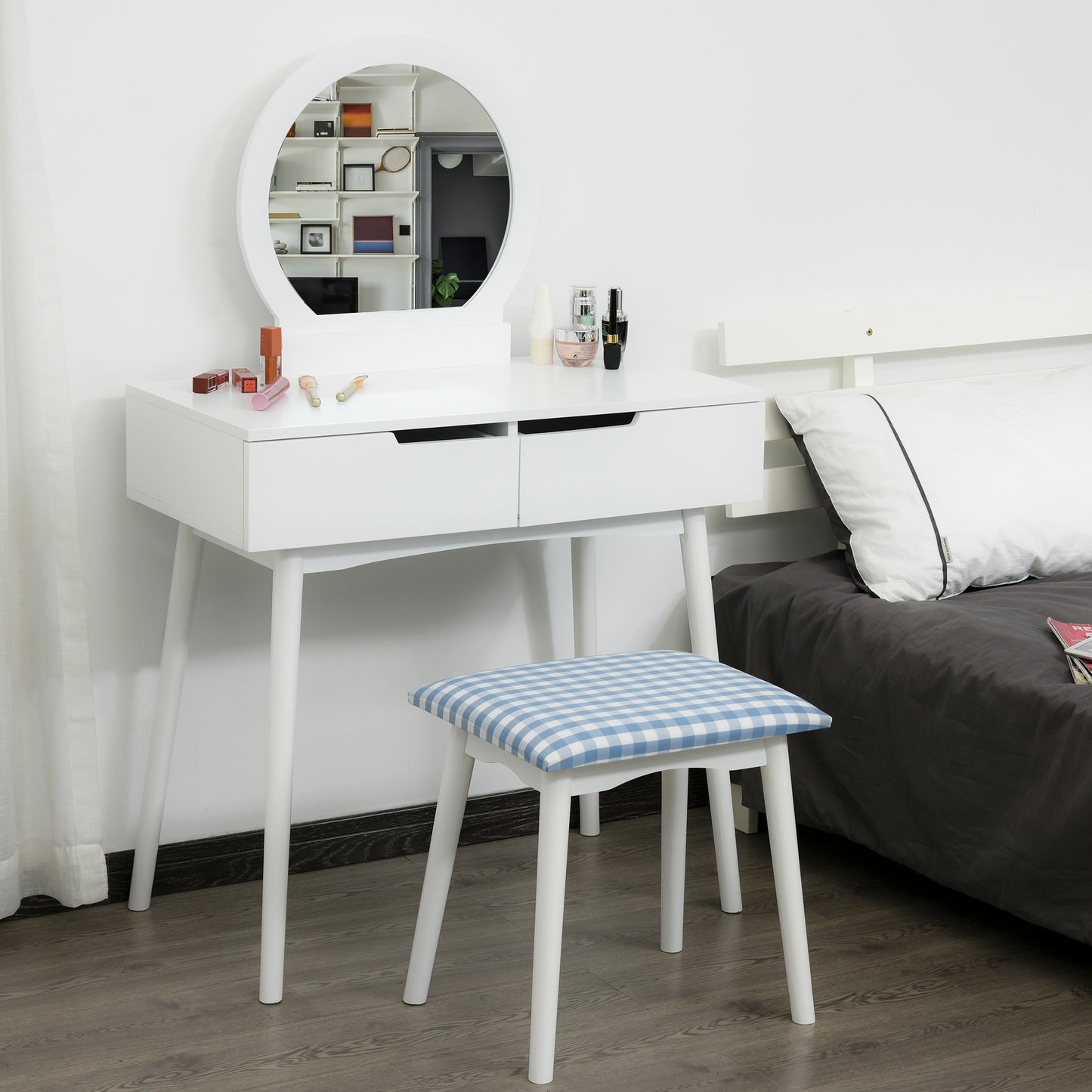 HOMCOM Makeup Vanity Desk with Round Mirror and 2 Drawers, Dressing Table with Cushioned Stool Set for Bedroom (White)