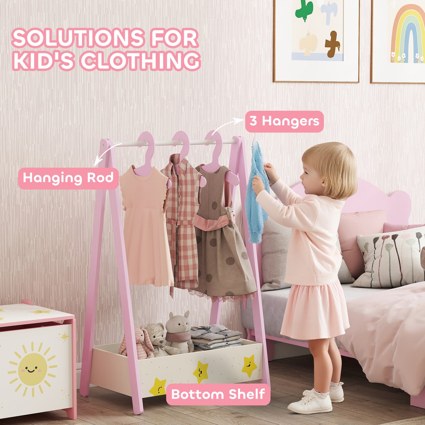 Qaba Kids Clothing Rack with Storage Shelf, Hangers, for Nursery Room, Living Room, Playroom, Pink