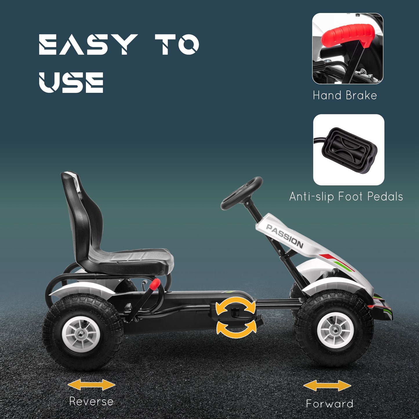 Aosom Pedal Go Kart for Kids, Pedal Car with Adjustable Bucket, Handbrake, 4 Rubber Wheels Powered Ride, White