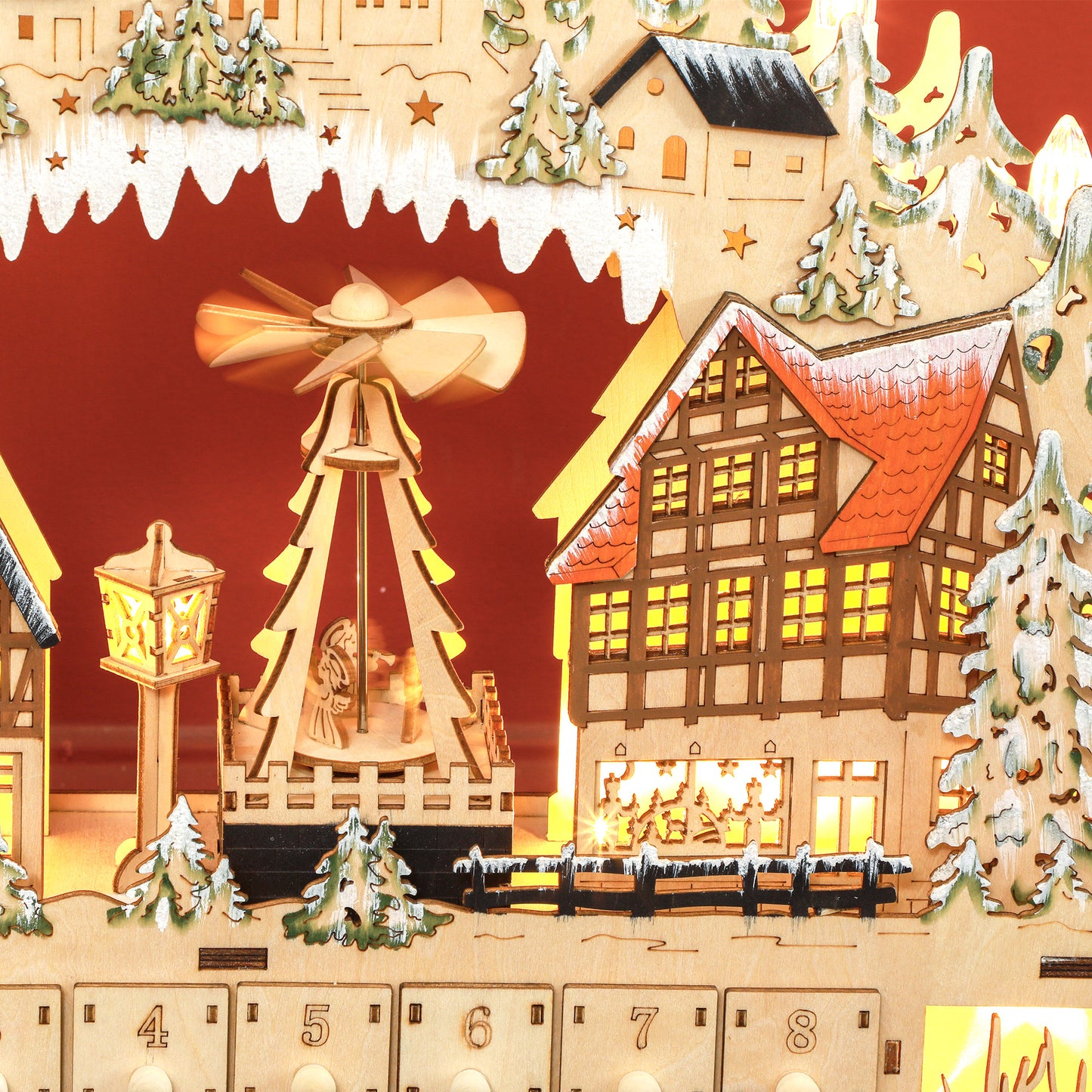 HOMCOM Wooden Christmas Advent Calendar, Lighted 24 Days Xmas Calendar House, Christmas Table Decoration with Countdown Drawers, Bible Characters, Battery Operated, Natural