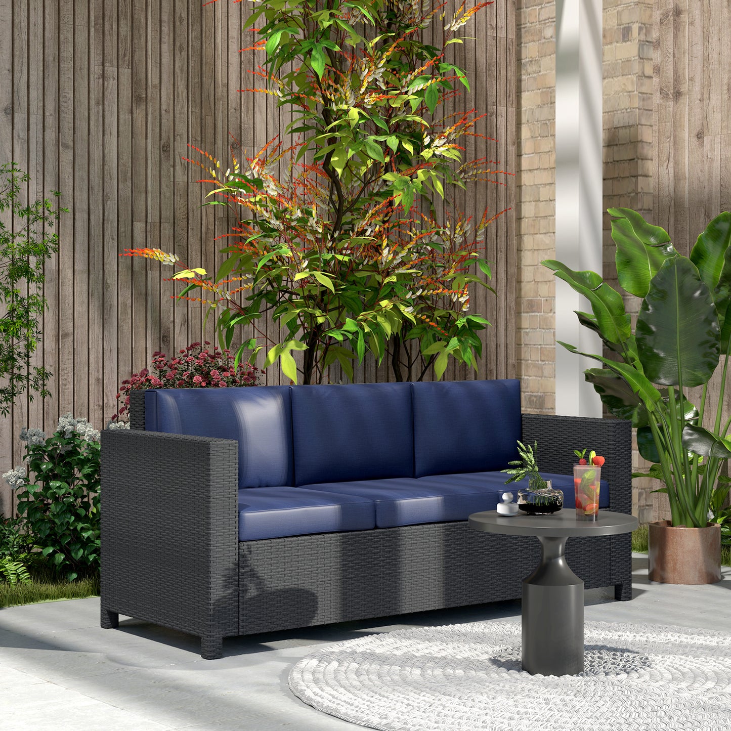 Outsunny 3-Seater Outdoor Sofa with Cushions, PE Rattan Conversation Patio Couch with Pillows for Garden, Poolside, Blue