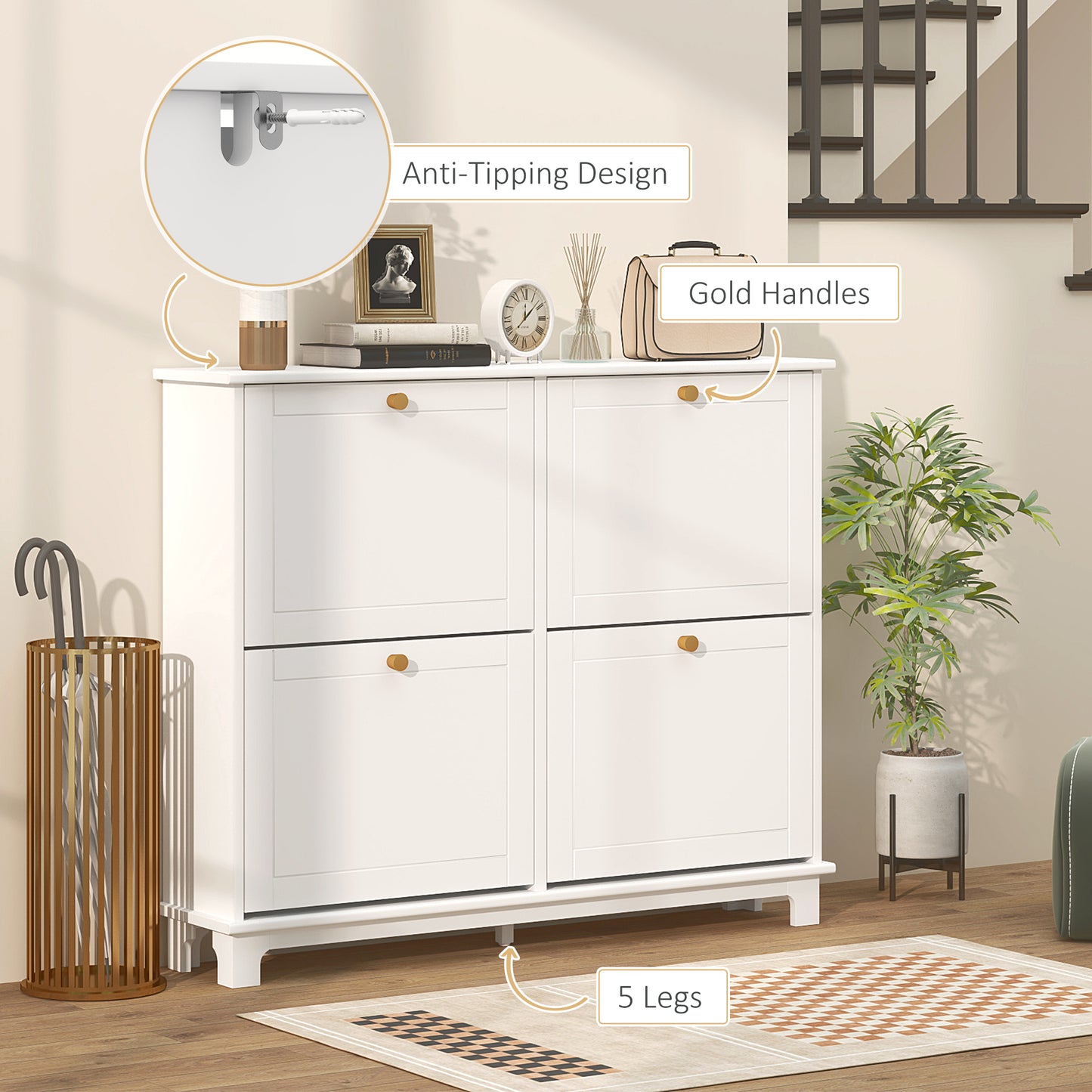 HOMCOM Modern Shoe Storage Cabinet, Narrow Shoe Cabinet with 4 Flip Drawers, Adjustable Shelves, 5 Legs for Entryway, White