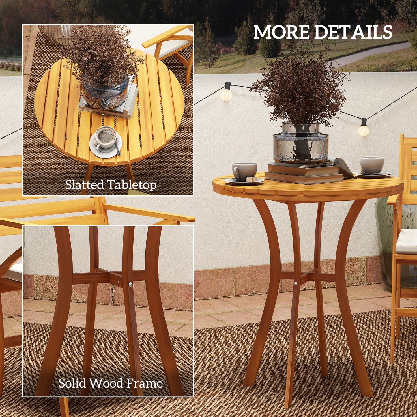 Outsunny 3 Piece Patio Set, Small Patio Table and Chairs, Wooden Outdoor Bistro Set w/ Cushions, Round Coffee Table, Brown