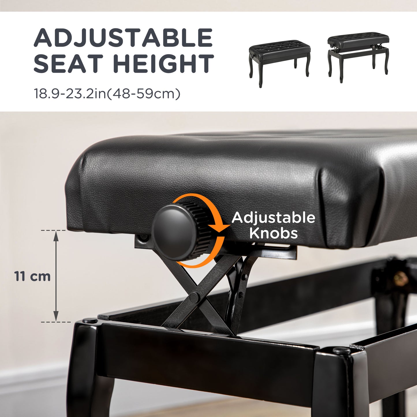 HOMCOM Adjustable Piano Bench with Storage and Soft PU Leather Padded, with Enough Music Storage Design, Black