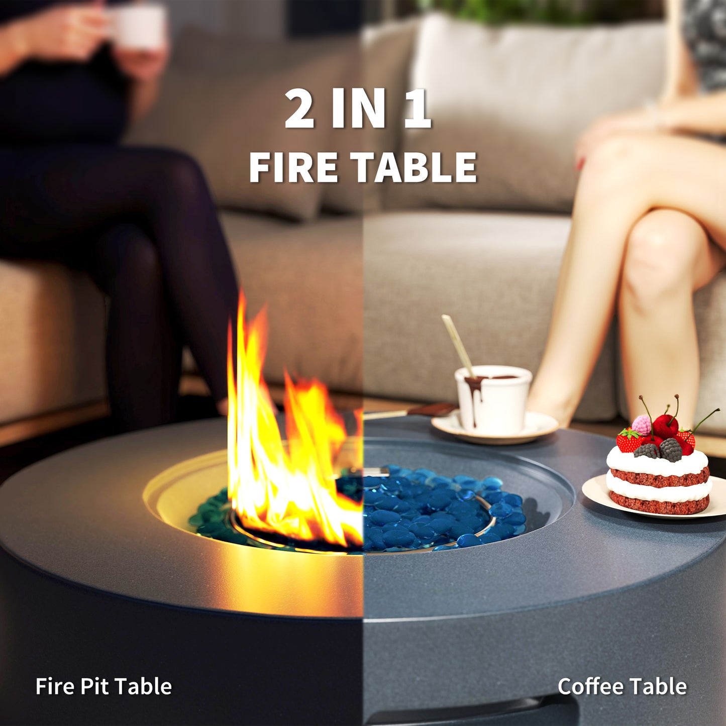 Outsunny 30" Round Propane Fire Pit Table 50,000 BTU Outdoor Gas Fire Table with Waterproof Cover, Decorative Glass Rocks, Tank Holder, Grey