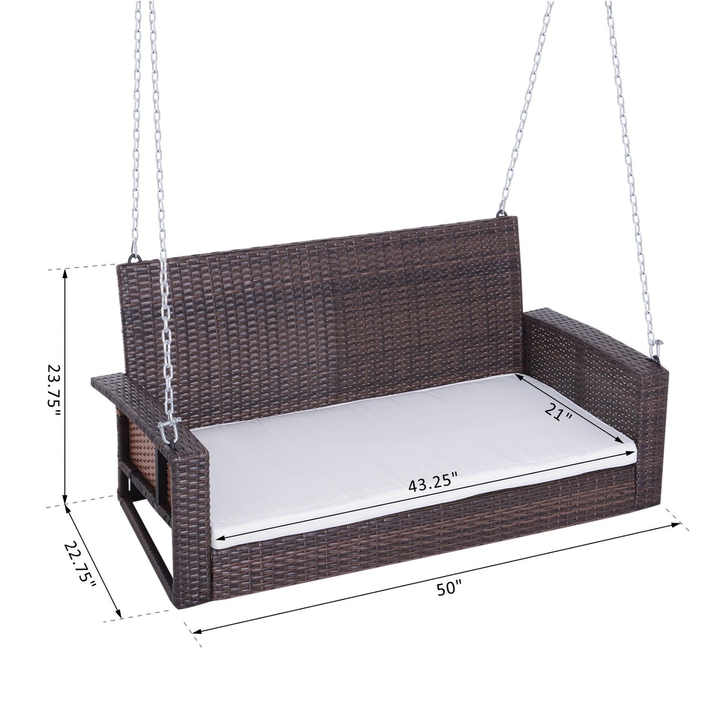 Outsunny 2-Person Patio Porch Swing Chair, Outdoor Rattan Hanging Bench with Cushion & 7.2 ft Steel Chains, Beige