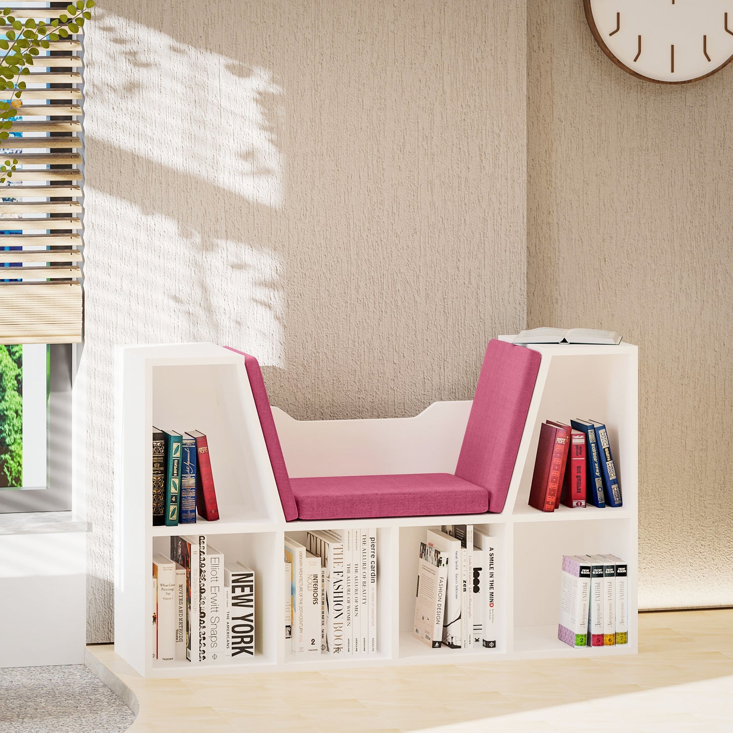 HOMCOM 6-Cubby Bookcase with Seat Cushion, Cube Storage Shelf with Reading Nook for Home Office, Study, Pink