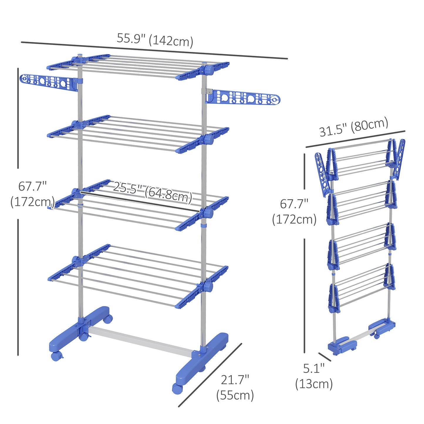 HOMCOM Garment Drying Rack Stainless Steel Folding Clothes Hanging Rack with Side Wings Castors for Indoor Outdoor Grey