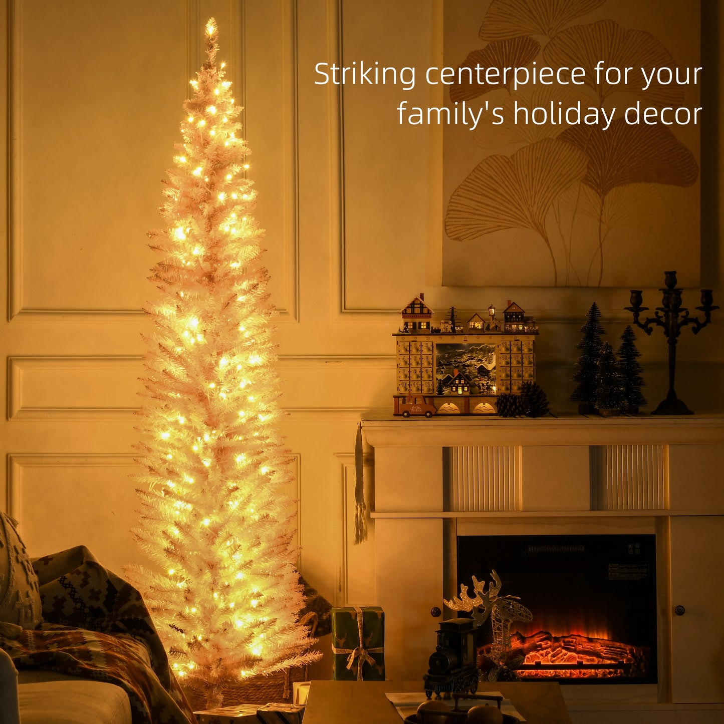 HOMCOM 7' Pre Lit Artificial Pencil Christmas Trees, Xmas Tree with Realistic Branches and Warm White LED Lights, Pink