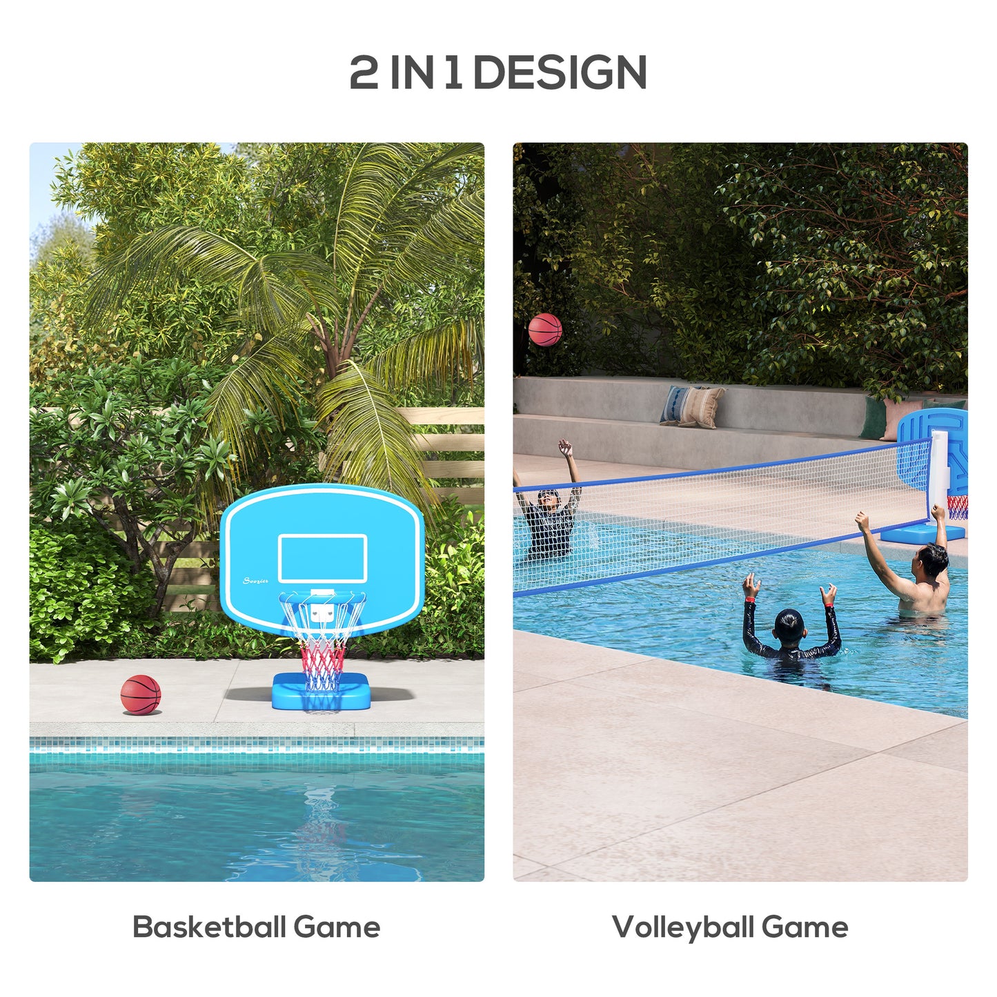 HOMCOM 51"-64" Height Adjustable Basketball System Poolside Hoop Stand Portable with Wheels
