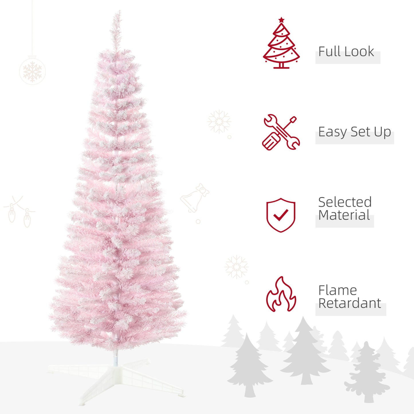 HOMCOM 6ft Flocked Christmas Tree, Pencil Artificial Christmas Tree with Realistic Branches, Pink