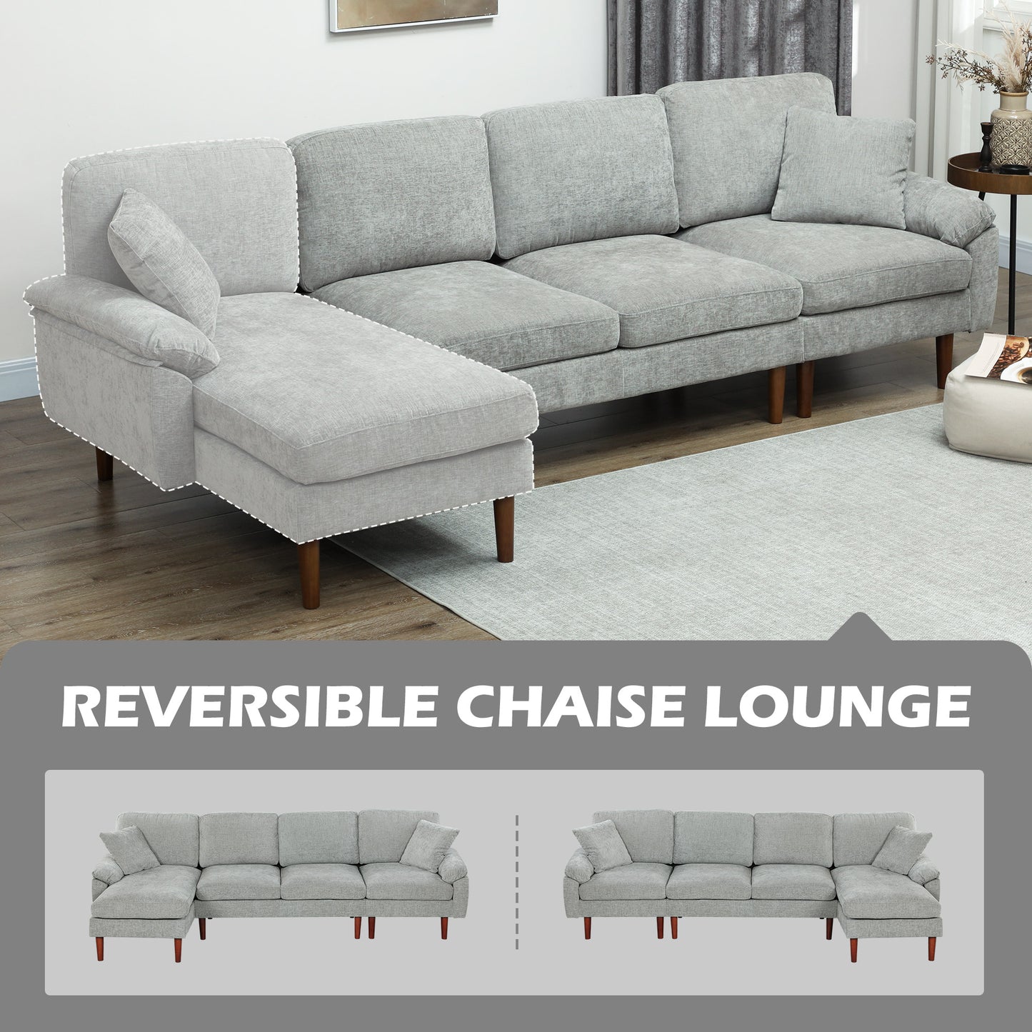 HOMCOM L-Shape Sofa, Modern Sectional Couch with Changeable Chaise Lounge, Pillows and Wooden Legs for Living Room, Grey
