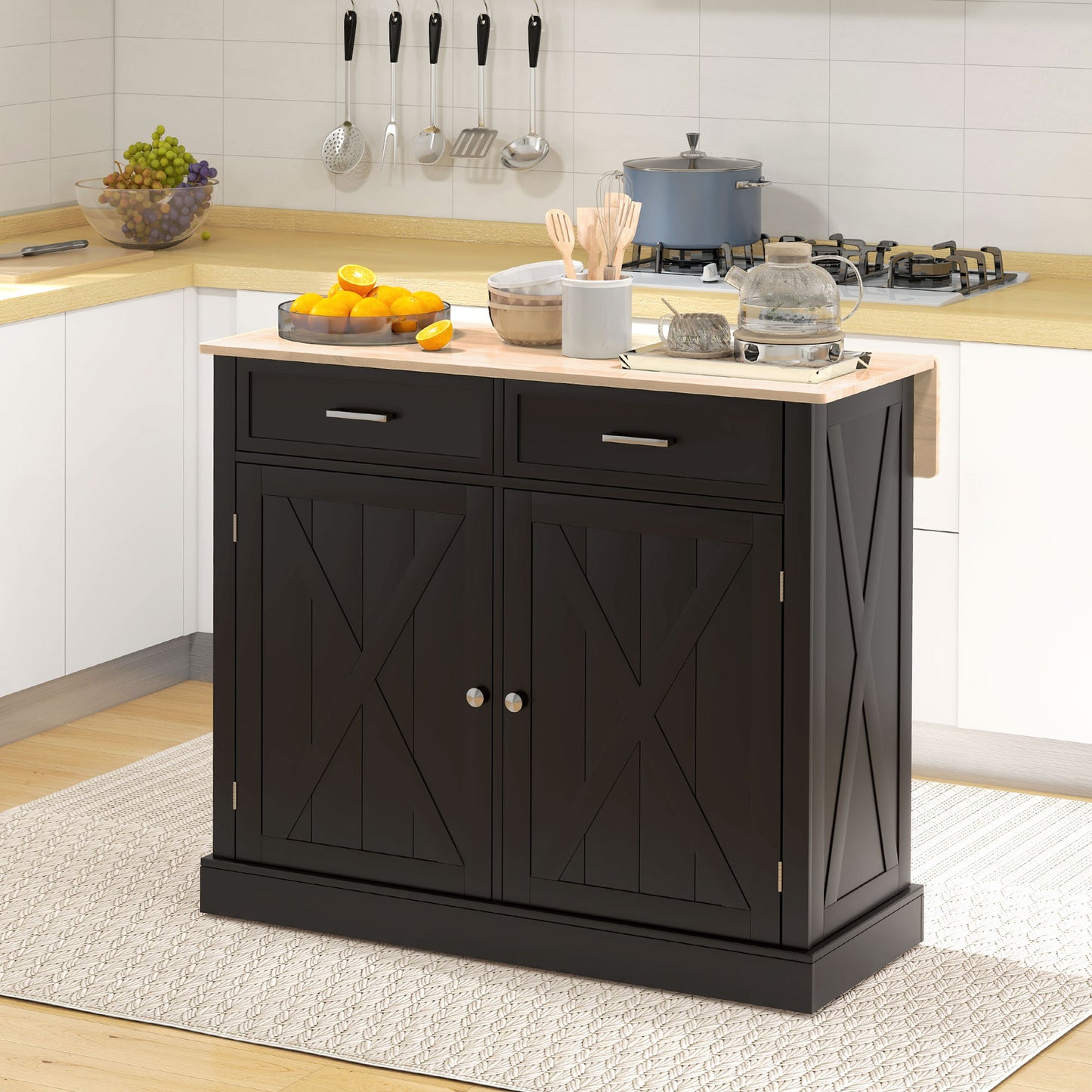 HOMCOM Rolling Kitchen Island with Drop Leaf Wood Breakfast Bar, Farmhouse Kitchen Cart with 2 Drawers, Adjustable Shelves for Dining Room (White)