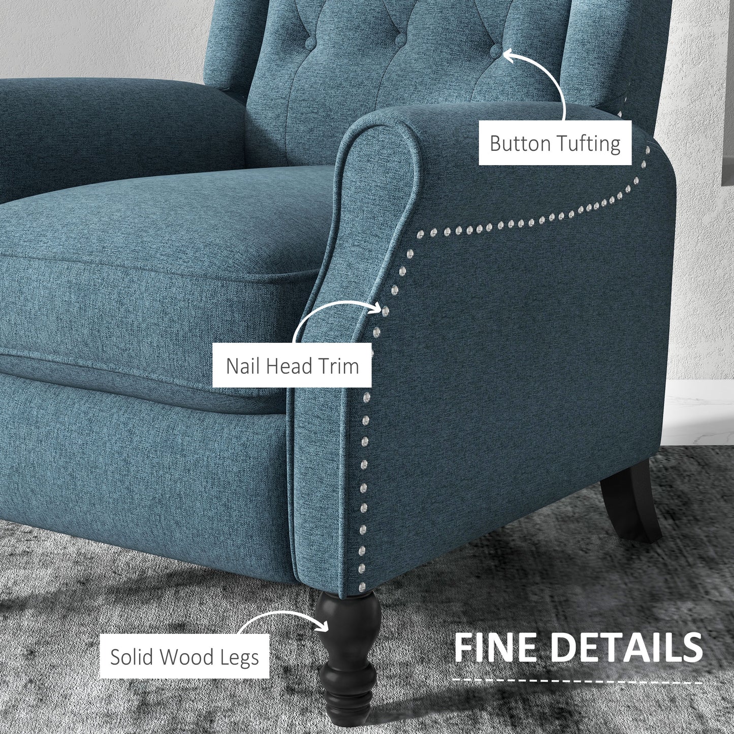 HOMCOM Wingback Reclining Chair with Footrest, Button Tufted Recliner Chair with Rolled Armrests for Living Room, Light Grey