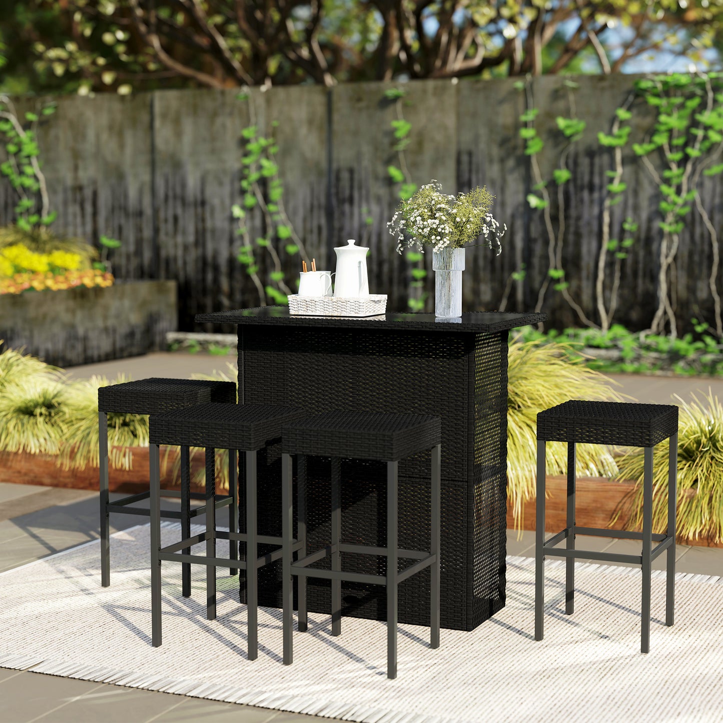 Outsunny 5 Pieces Patio Bar Set, Outdoor PE Rattan Wicker High Top Outdoor Table and Chairs Outdoor Bar Set with Tempered Glass Top Bar Table and Shelves, 4 Bar Chairs, Dark Brown