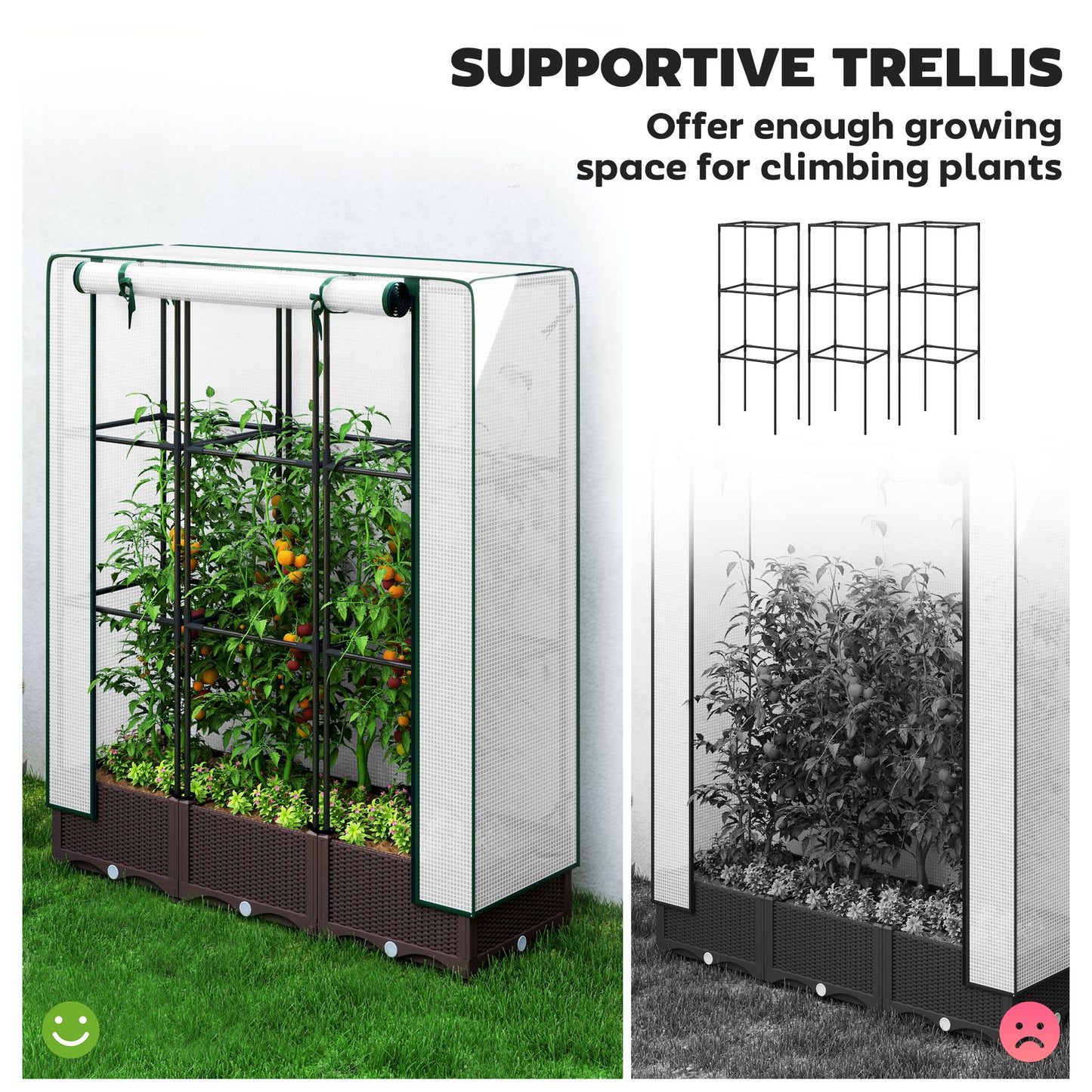 Outsunny Raised Garden Bed Kit with Trellis, Plastic Raised Flower Bed with PE Cover and Zipper Door, 47 x 16 x 50 inch