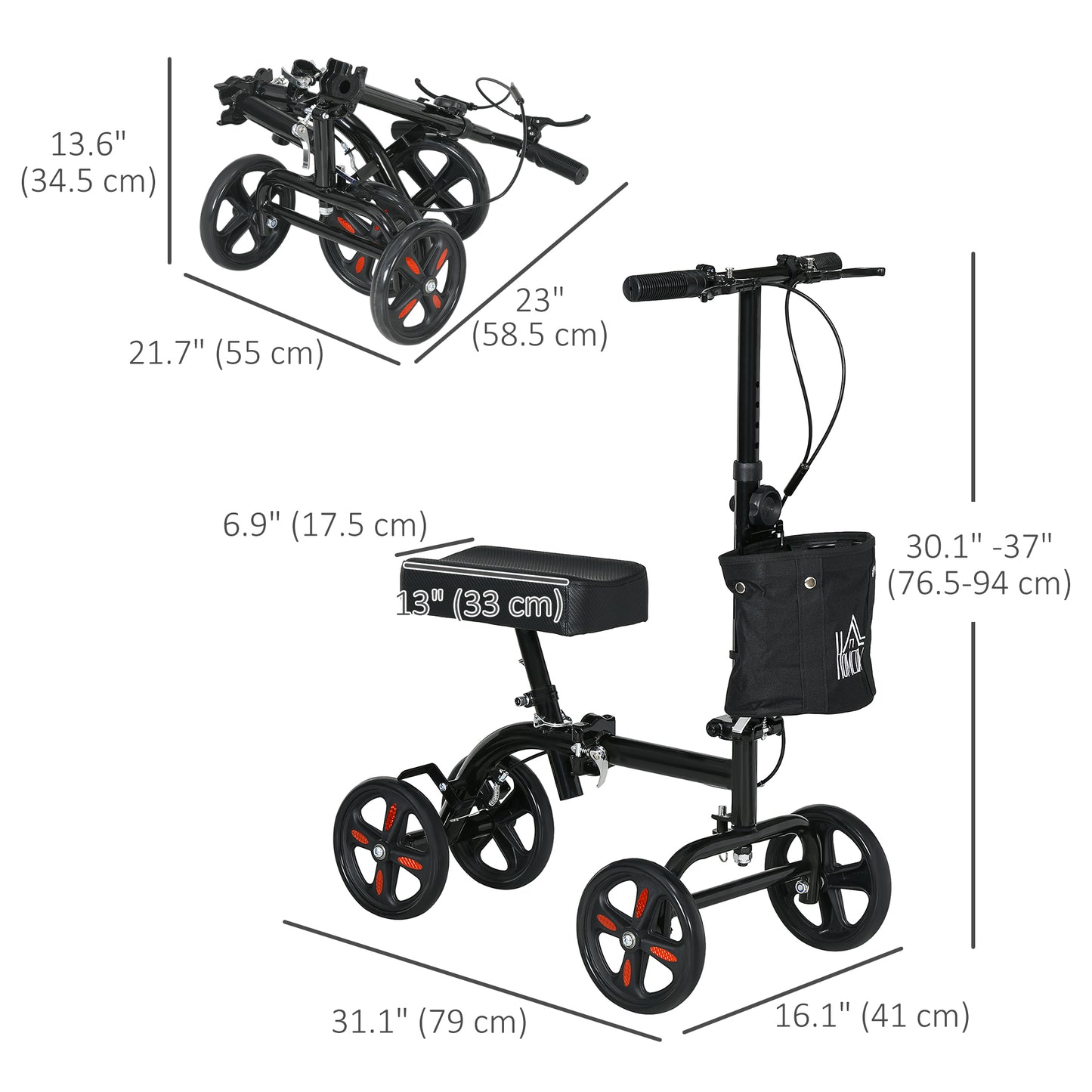 HOMCOM Steerable Knee Walker, Foldable Knee Scooter with Dual Braking System, Adjustable Height, Crutch Alternative, Red