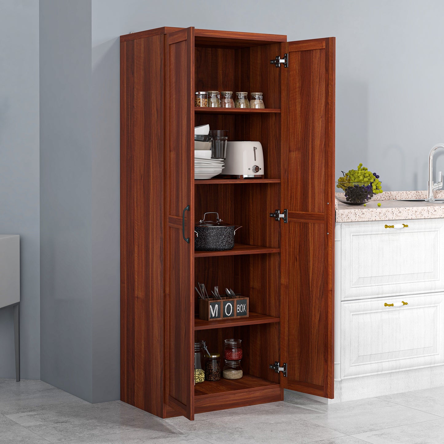 HOMCOM 63" Kitchen Storage Cabinet, 5-tier Pantry Cabinet with Doors and Adjustable Shelves for Dining Room, Distressed White