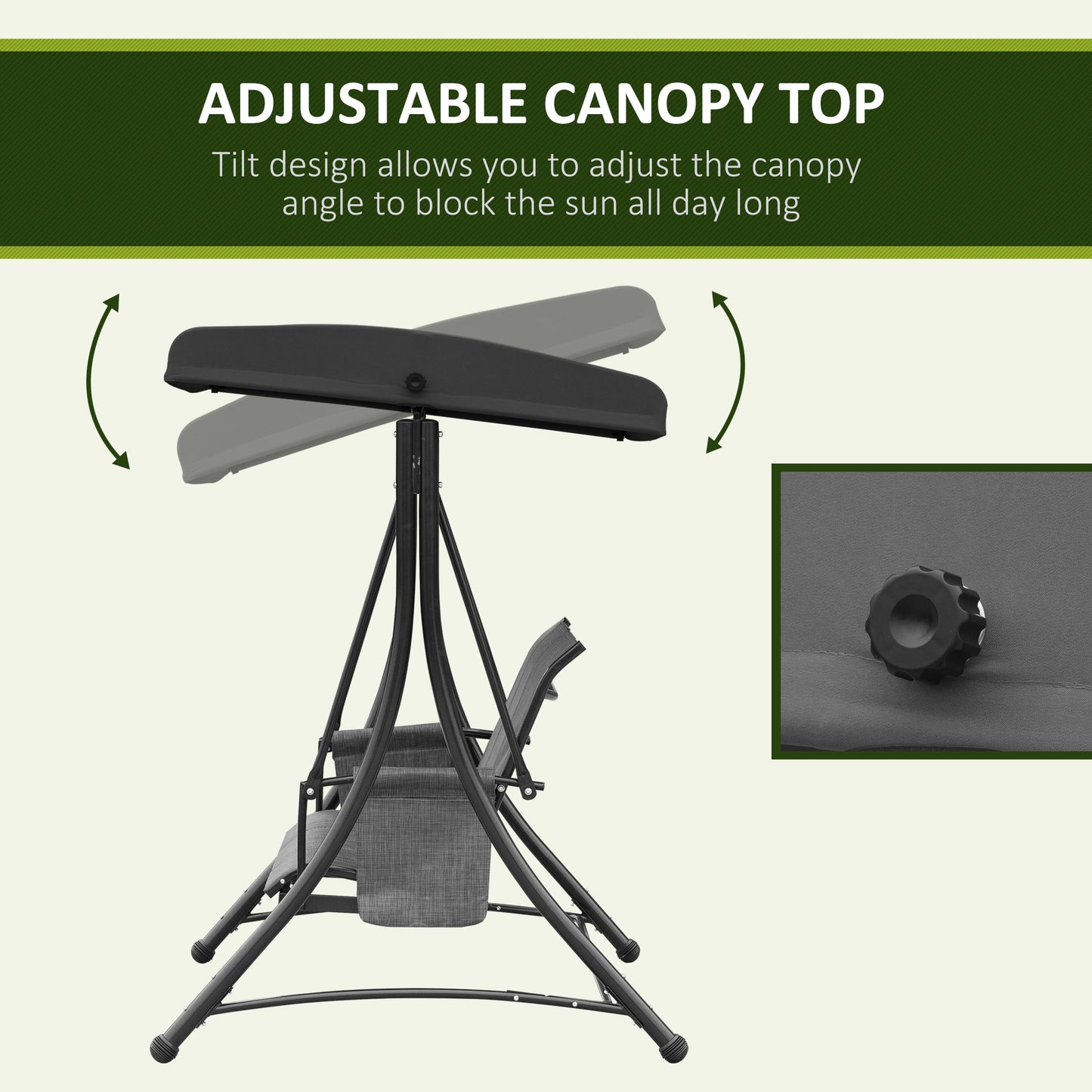 Outsunny 3 Person Porch Swing Outdoor Swing Chair with High Back Design, Side Pouches and Adjustable Canopy, Dark Grey