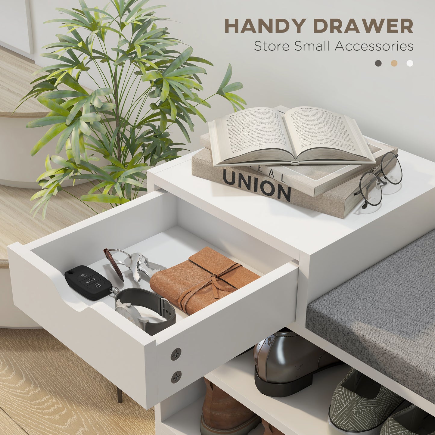 HOMCOM Upholstered Shoe Storage Bench, Hallway Shoe Storage with Seat, Drawer, 3 Open Shelves for Entryway, White
