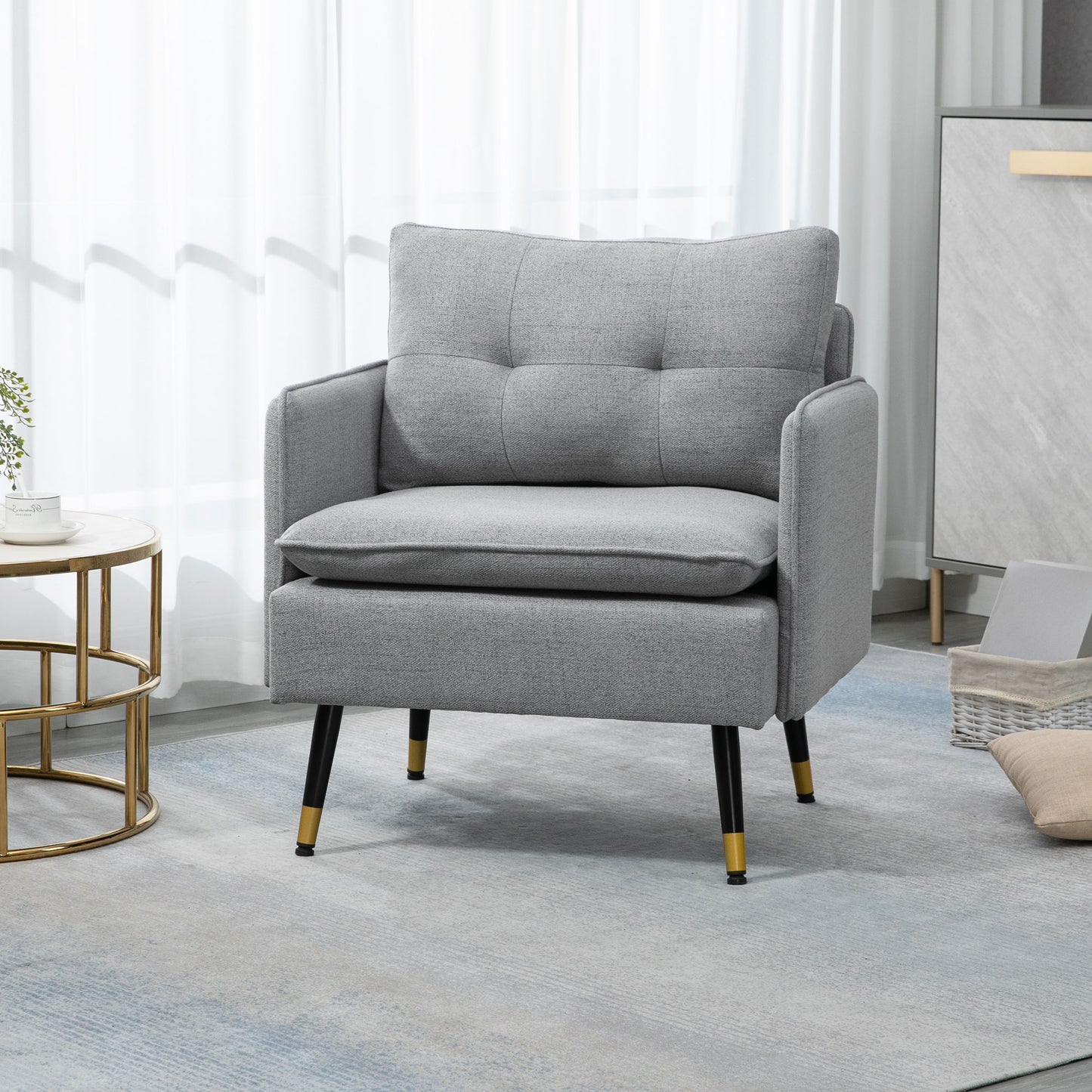 HOMCOM Modern Armchair, Upholstered Accent Chair with Tufted Back Cushion and Steel Legs for Living Room, Bedroom, Grey