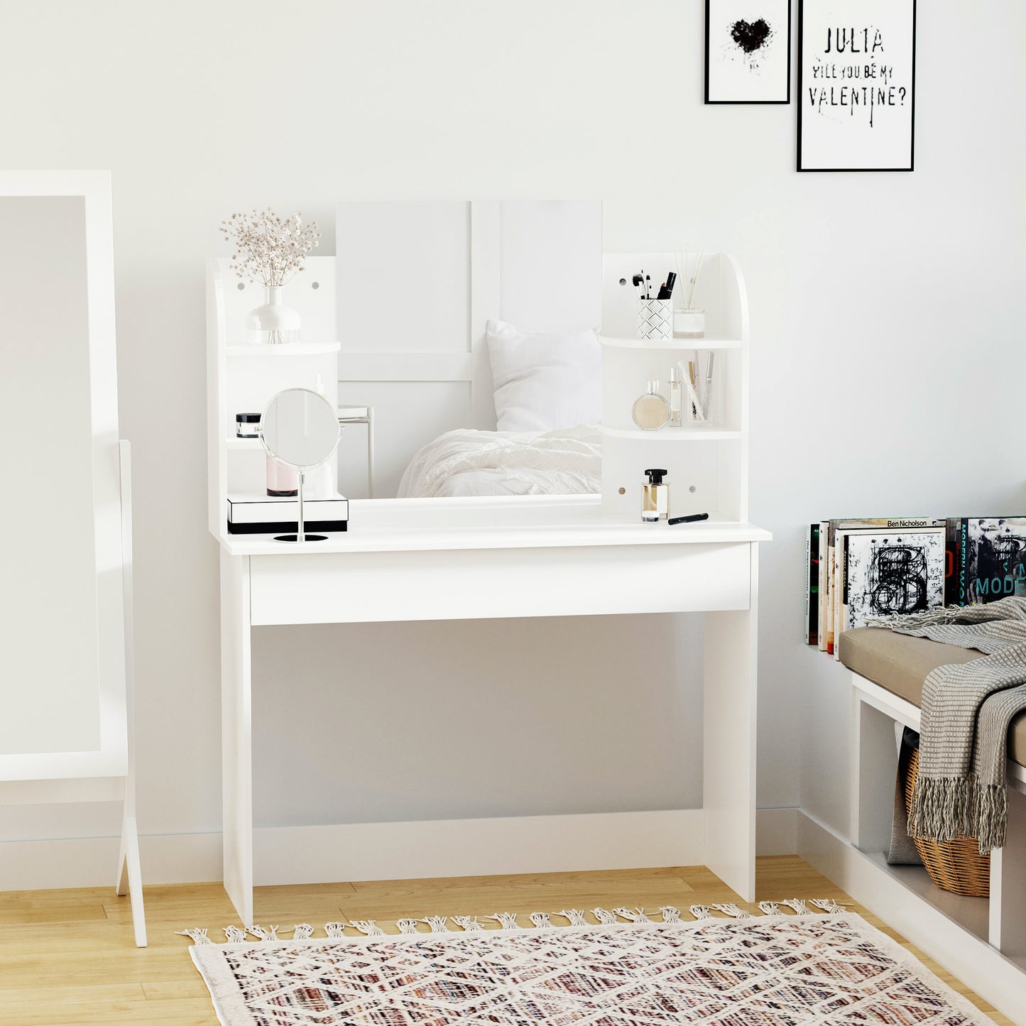 HOMCOM Vanity Desk with Mirror, Makeup Vanity with Open Shelves and Drawer, Dressing Table for Bedroom, White