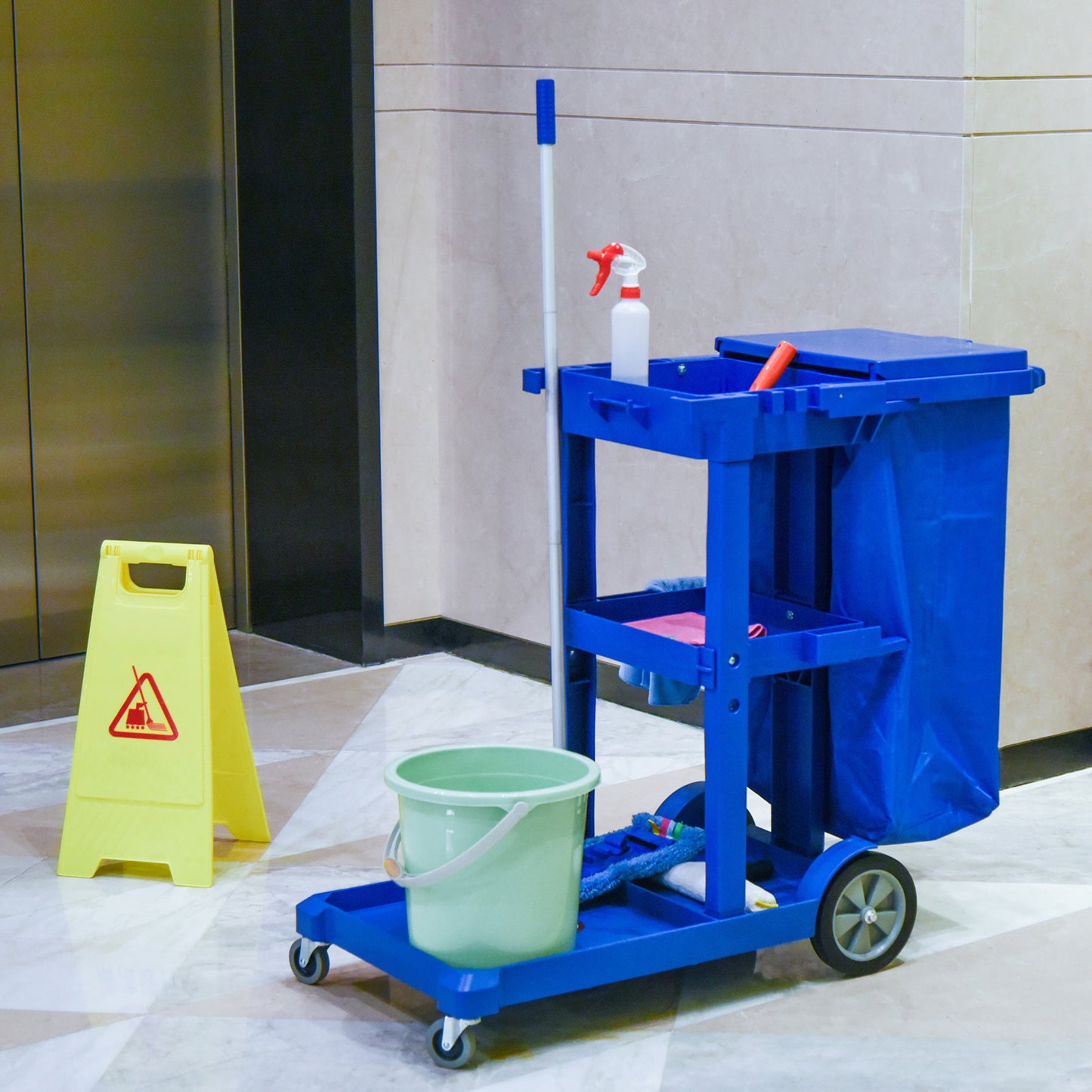 HOMCOM Commercial Janitorial Cart with 3 Tier Shelves Professional Cleaning Trolley with Rubbish Bag and Mop Mount for Hotel, Restaurant, Office, Blue
