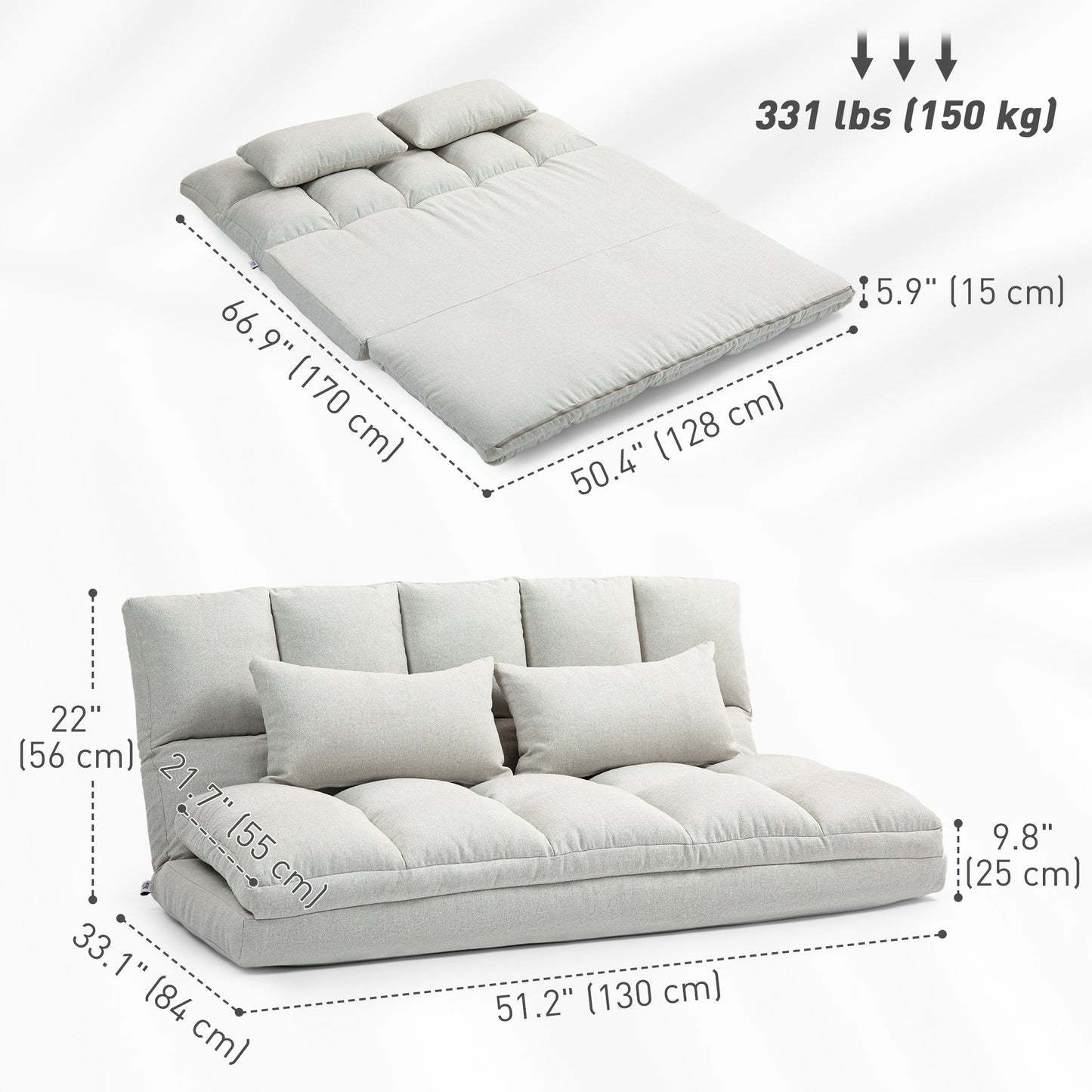 HOMCOM 51" Folding Floor Sofa, Foldable 2-Seater Lazy Sofa Sleeper Bed, Adjustable Linen Floor Couch with 9-position Backrest, 2 Pillows and Wide Seat for Living Room, Grey