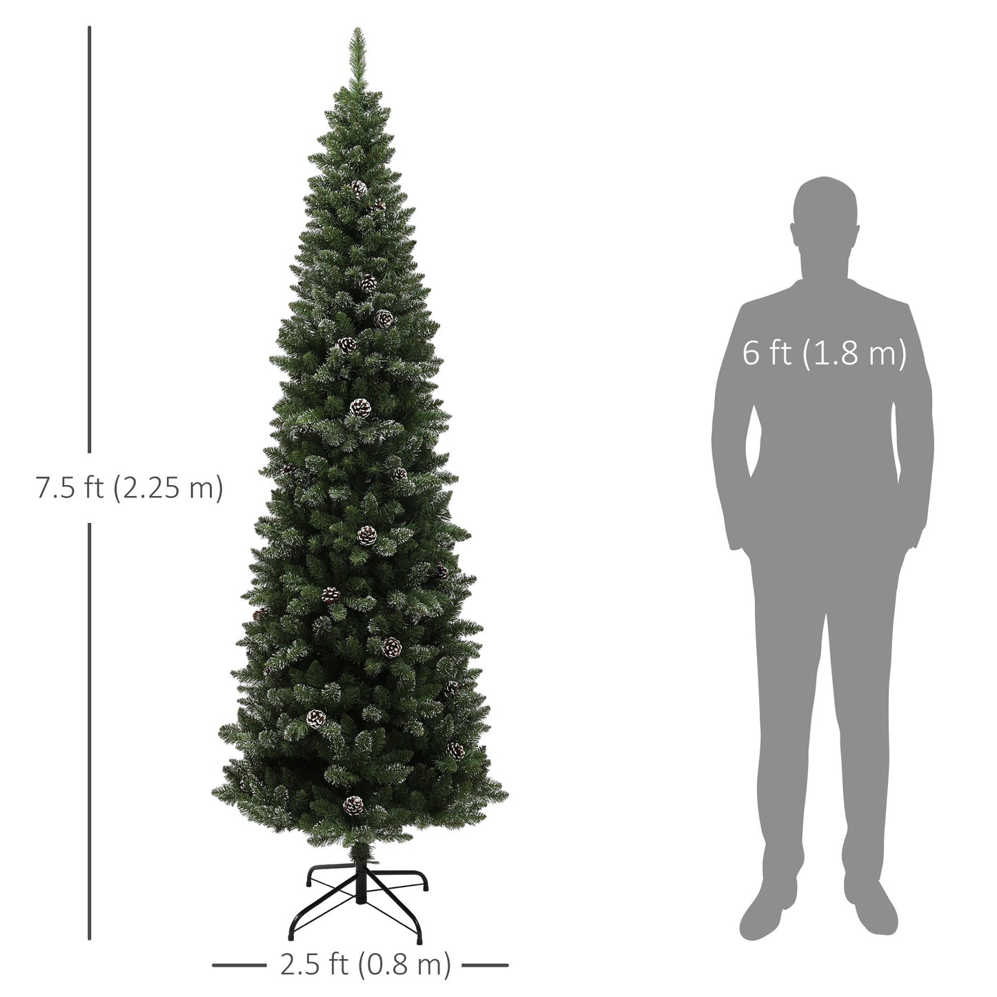 HOMCOM 6ft Artificial Pencil Christmas Tree with 618 Branches, Pinecones, Metal Stand, Realistic Xmas Tree for Home