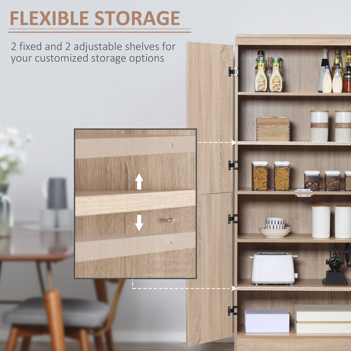 HOMCOM 70" 4-Door Storage Cabinet, Freestanding Pantry Cabinet with Adjustable Shelves for Living Room, Natural