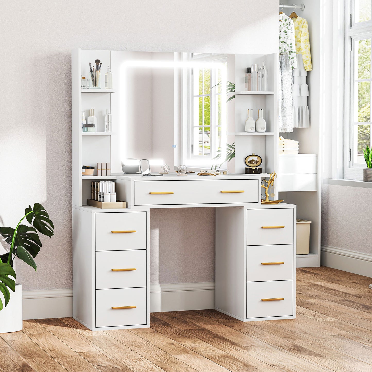 HOMCOM Makeup Vanity Table with Mirror and Lights, Modern Dressing Desk with 7 Drawers, 8 Shelves, 3 Lighting Modes, White
