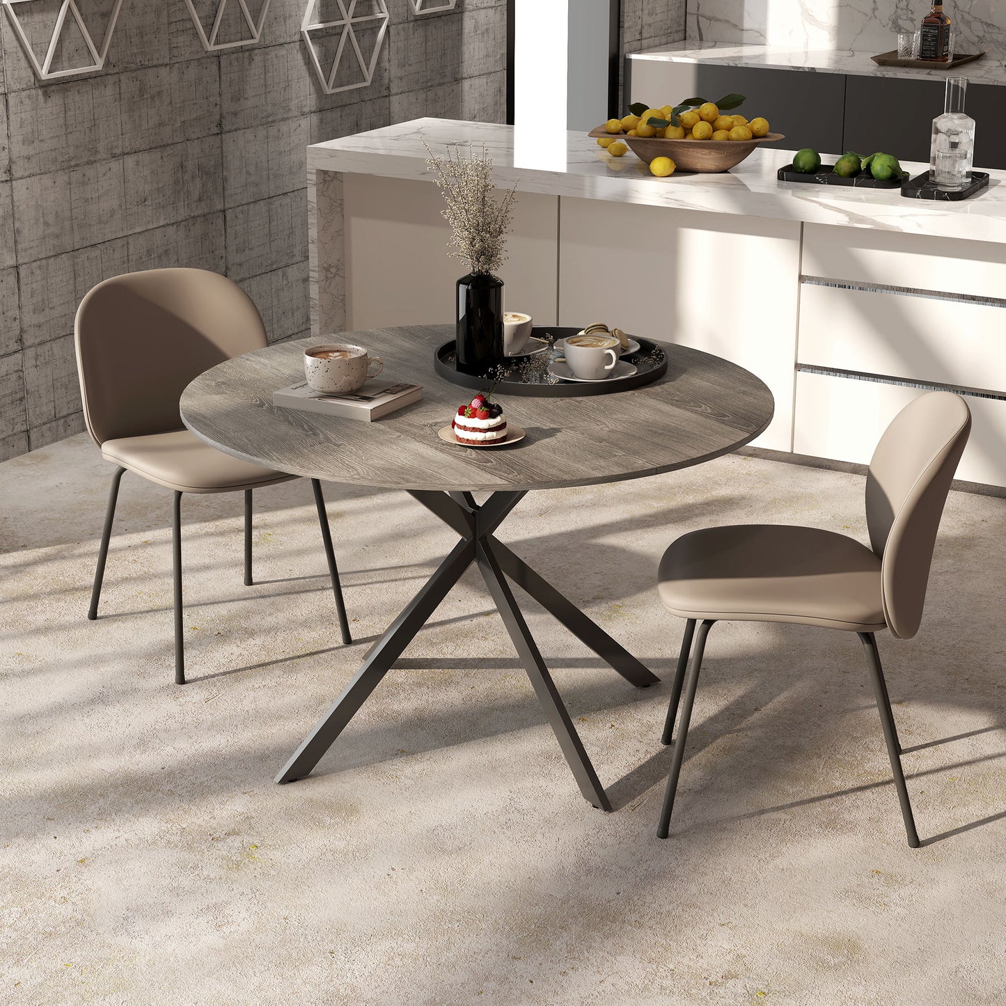 HOMCOM 47" Round Kitchen Table for 4, Industrial Dining Table with Steel Legs for Dining Room, Grey Wood Grain and Black